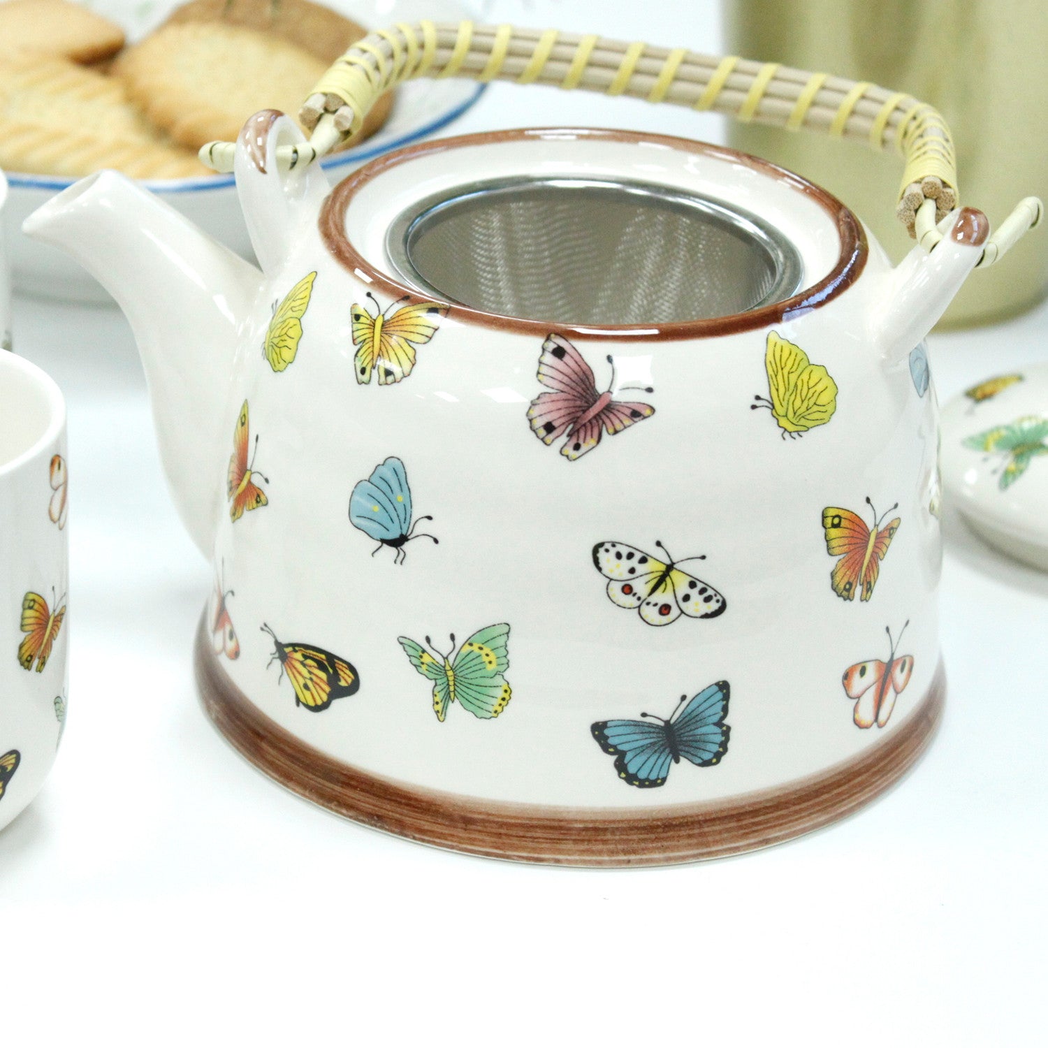 Herbal Teapot Set colourful butterfly design with six cups teacups for loose leaf tea or teabags