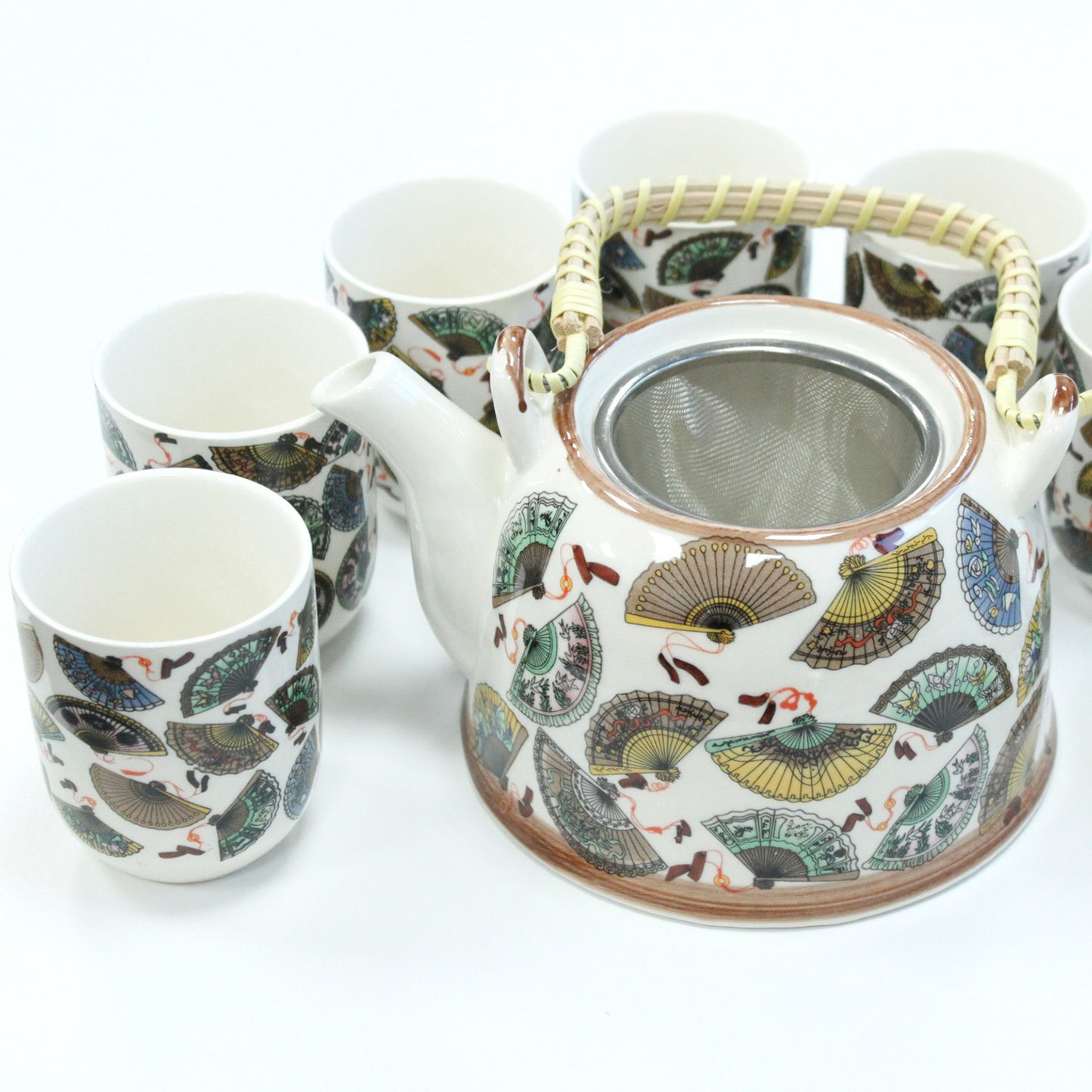 Herbal Teapot Set traditional Chinese hand fans design with six cups teacups for loose leaf tea or teabags