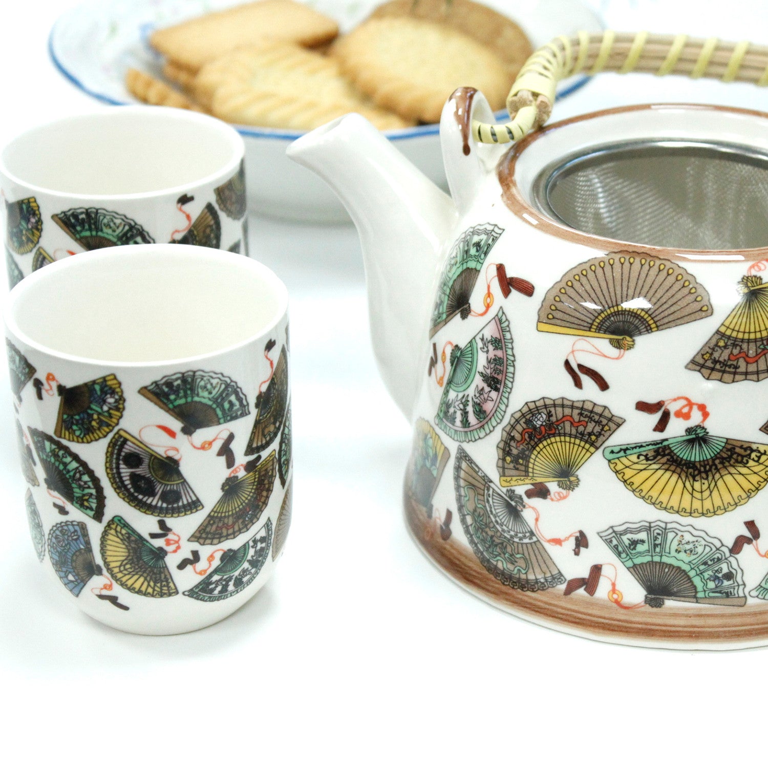 Herbal Teapot Set traditional Chinese hand fans design with six cups teacups for loose leaf tea or teabags