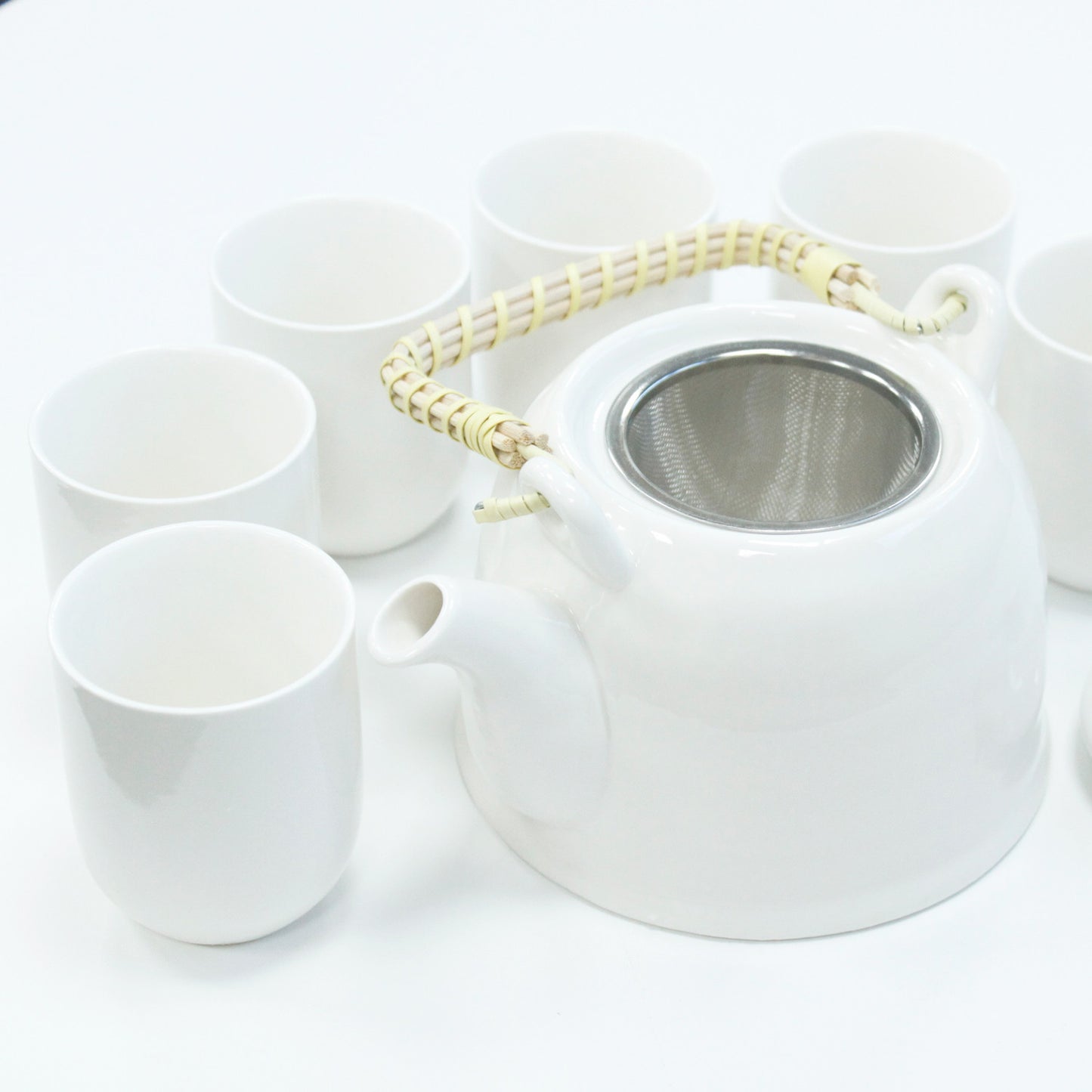 Herbal Teapot Set classic white design with six cups teacups for loose leaf tea or teabags