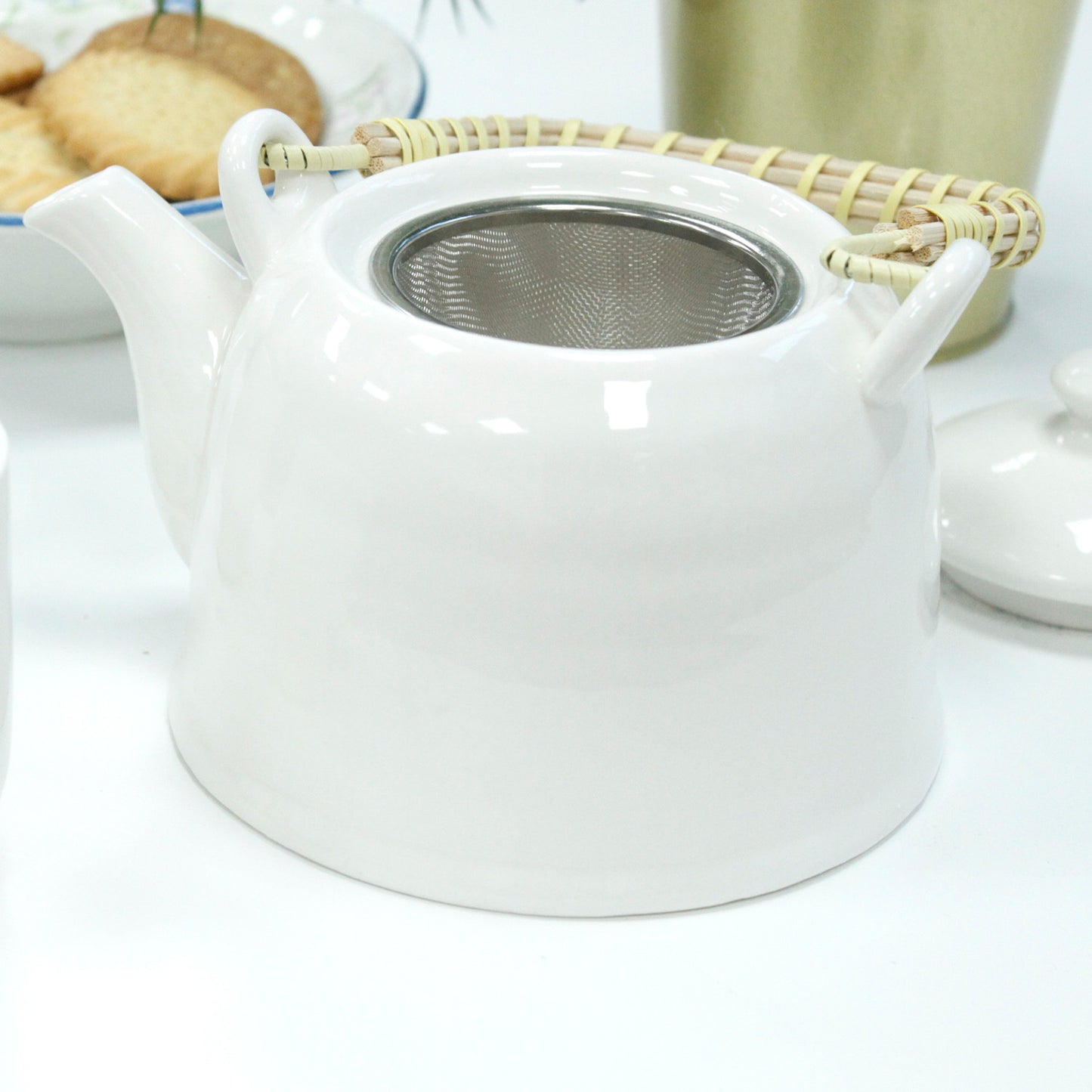 Herbal Teapot Set classic white design with six cups teacups for loose leaf tea or teabags