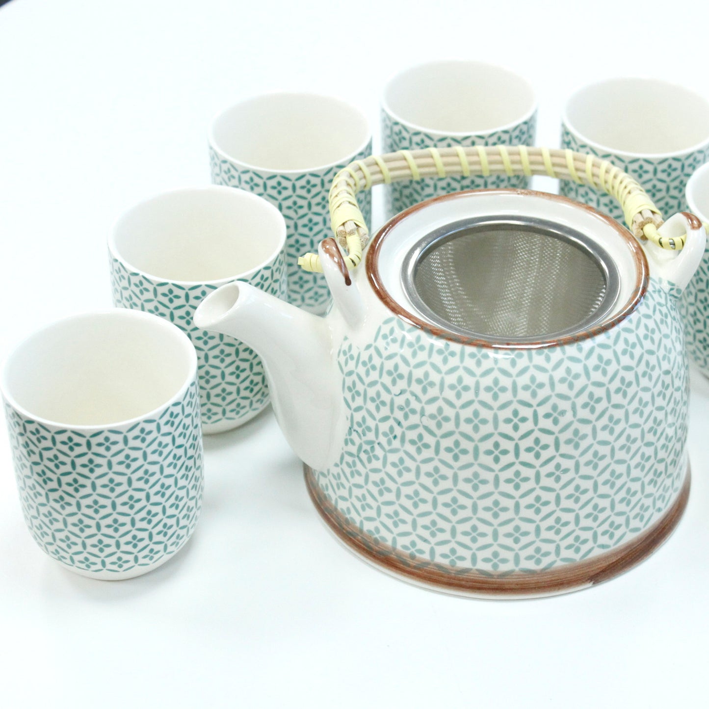 Herbal Teapot Set green mosaic design with six cups teacups