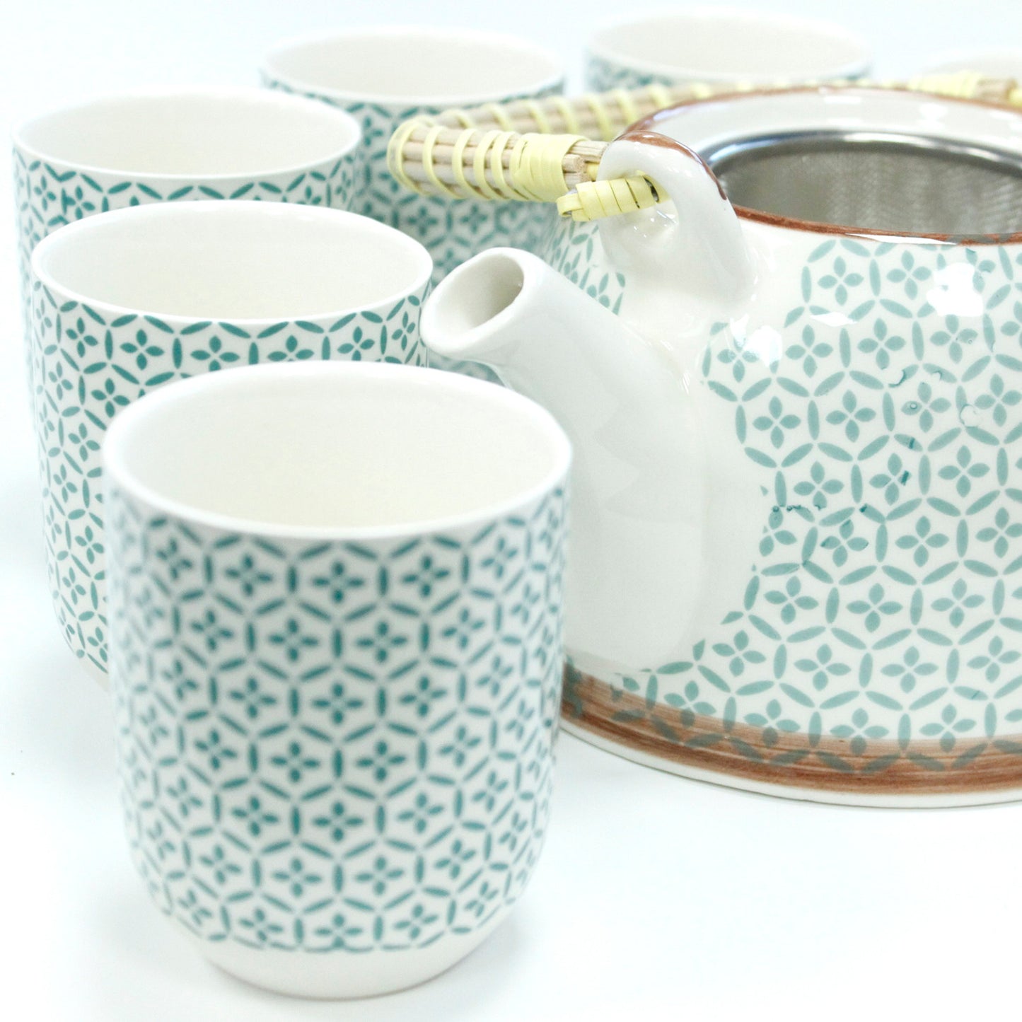 Herbal Teapot Set green mosaic design with six cups teacups