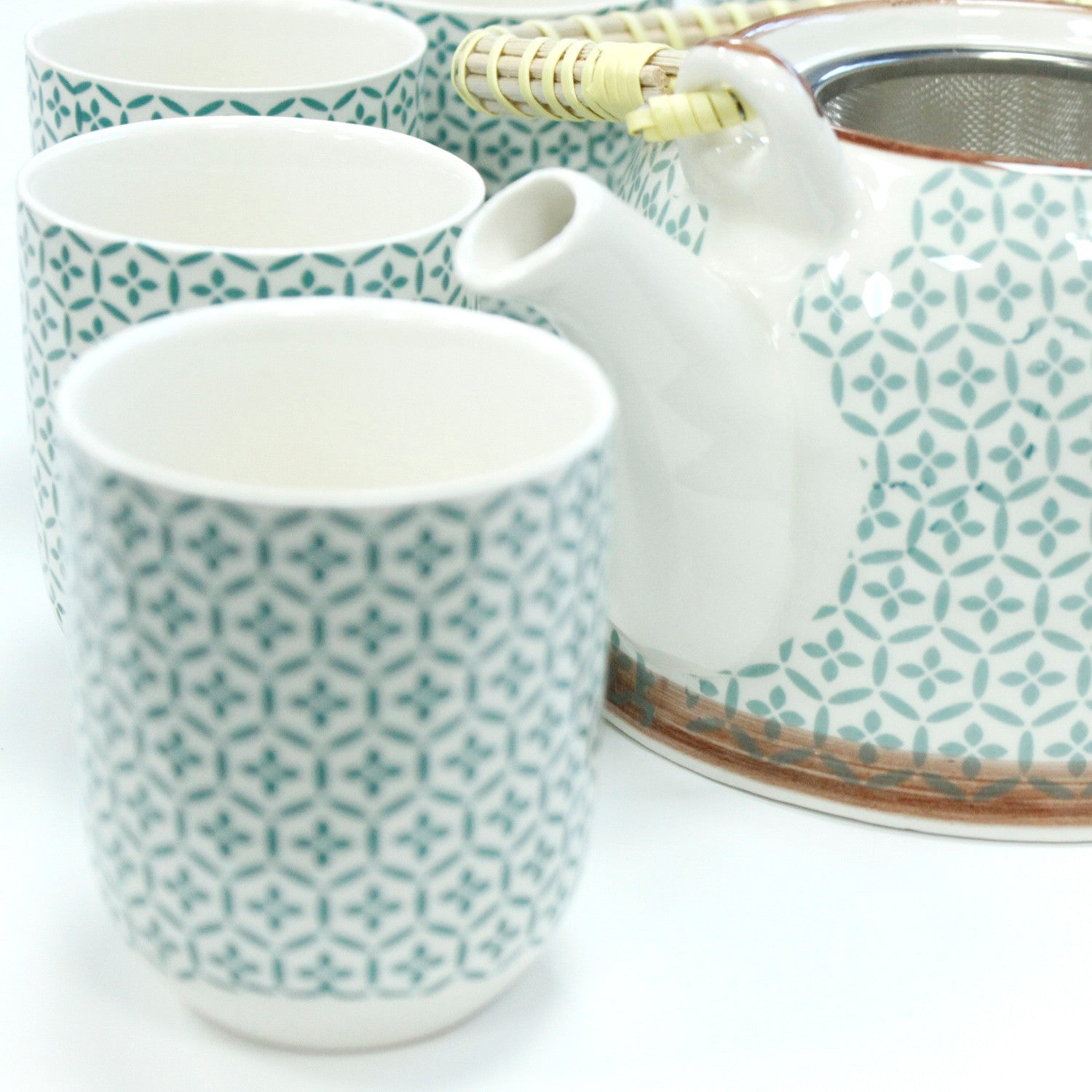 Herbal Teapot Set green mosaic design with four cups teacups