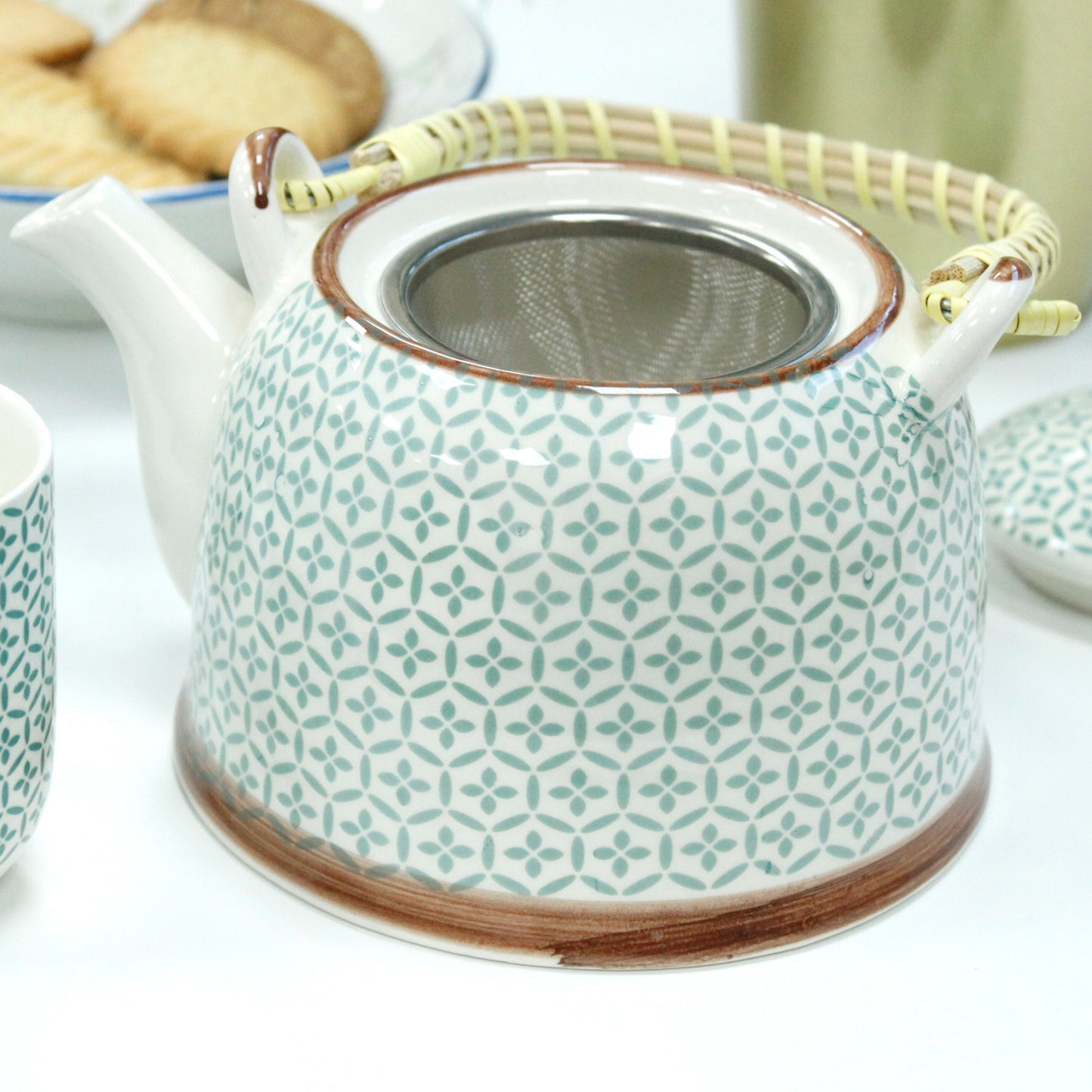 Herbal Teapot Set green mosaic design with four cups teacups