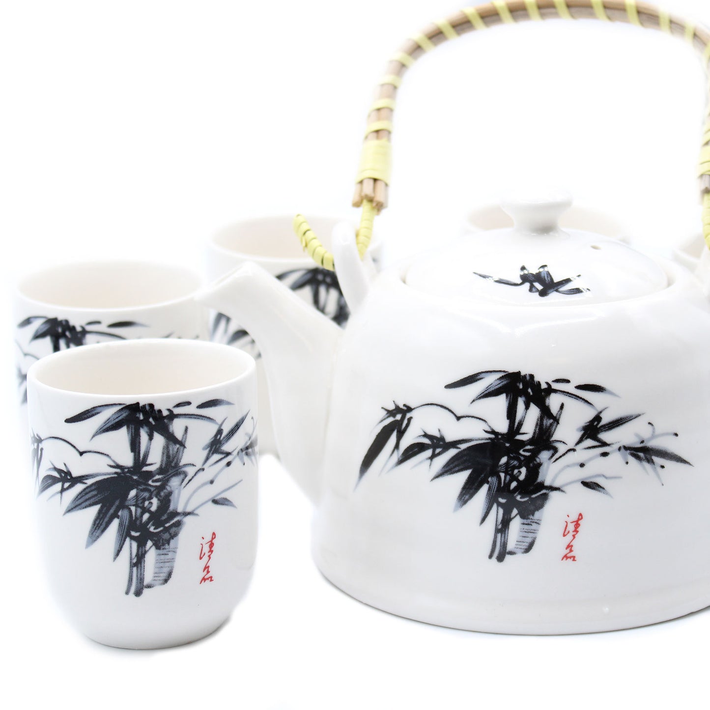 Herbal Teapot Set white stone oriental design with four cups teacups