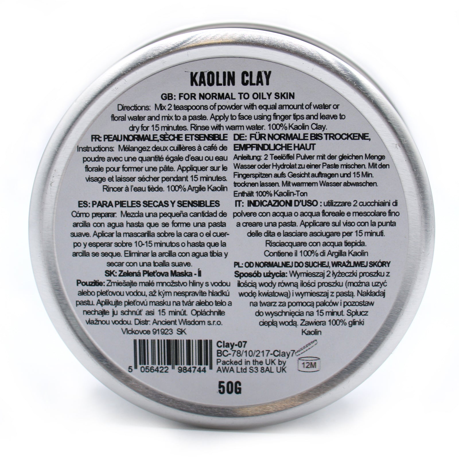 Kaolin clay face mask powder in tin