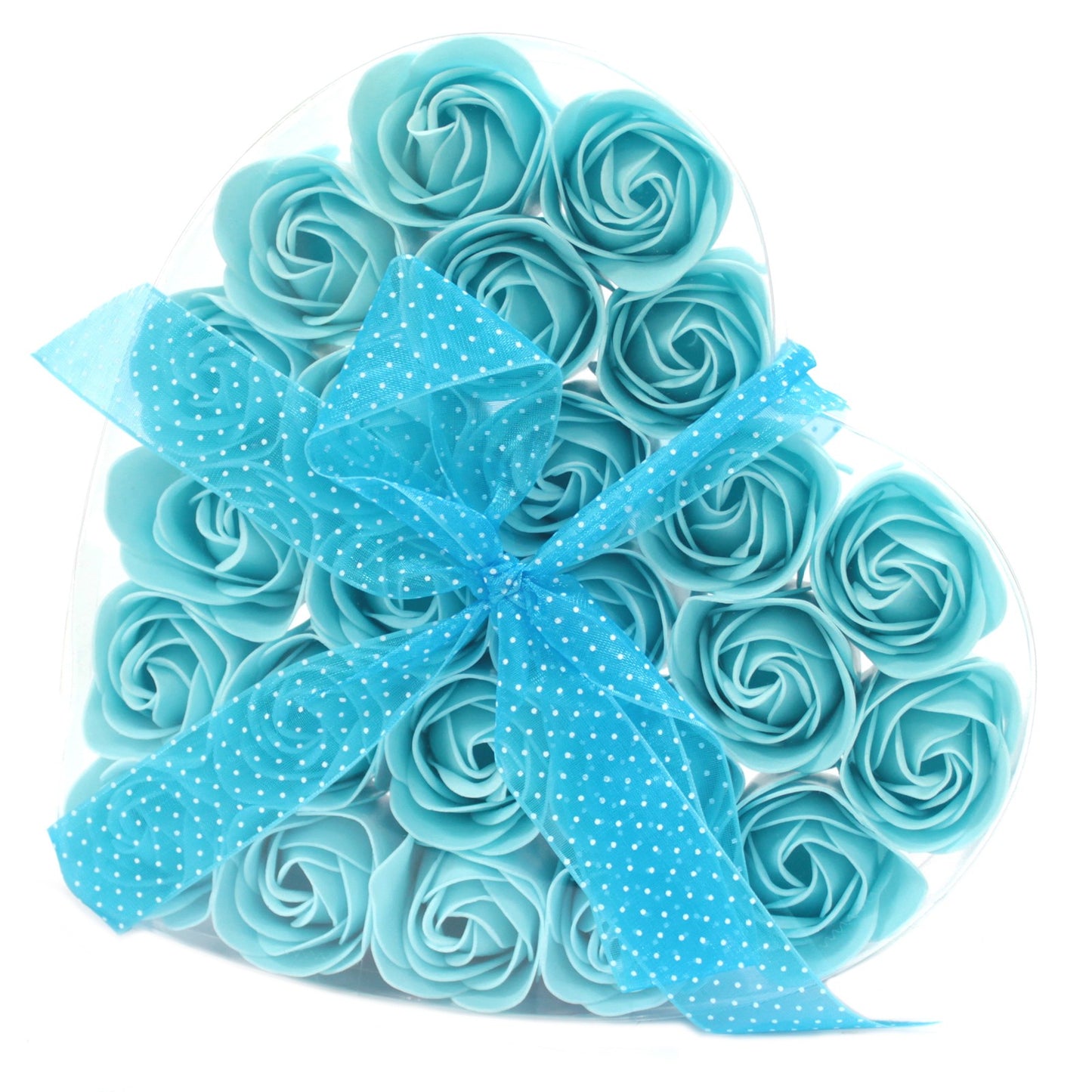 Set of 24 Soap Flower Rose Heart Box with ribbon in wedding blue