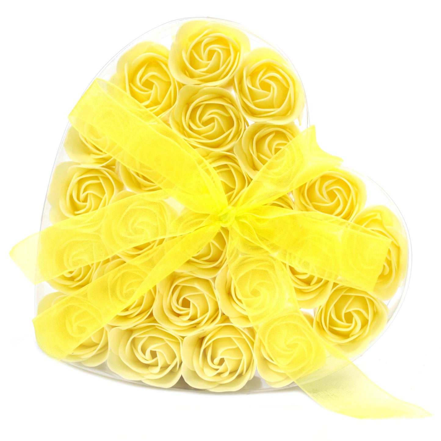 Set of 24 Soap Flower Rose Heart Box with ribbon in yellow