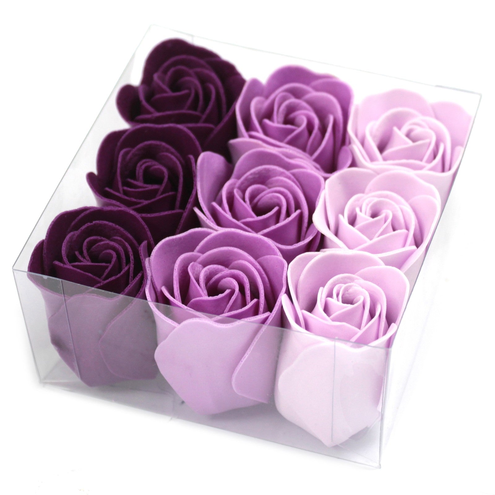 Set of 9 Soap Flower Heart Box in lavender purple and violet roses