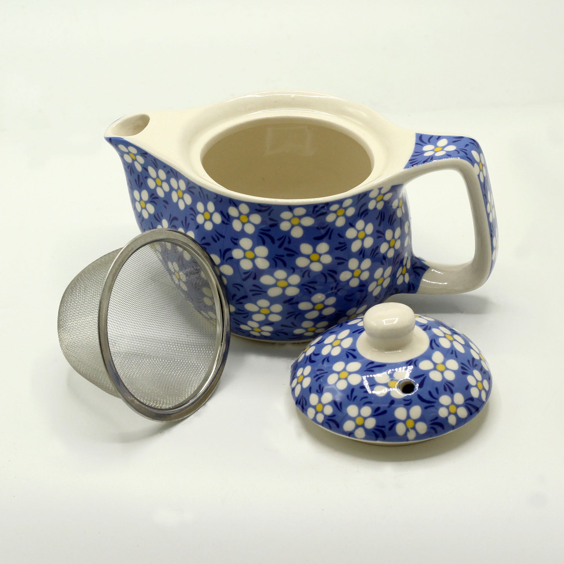 Small herbal teapot for loose leaf and teabags blue daisy floral design