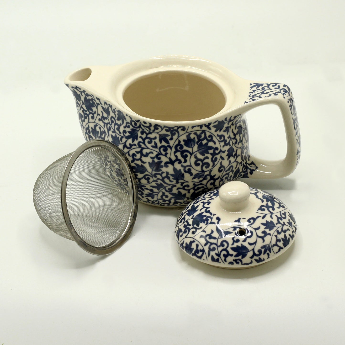 Small herbal teapot for loose leaf and teabags blue swirl leaf design