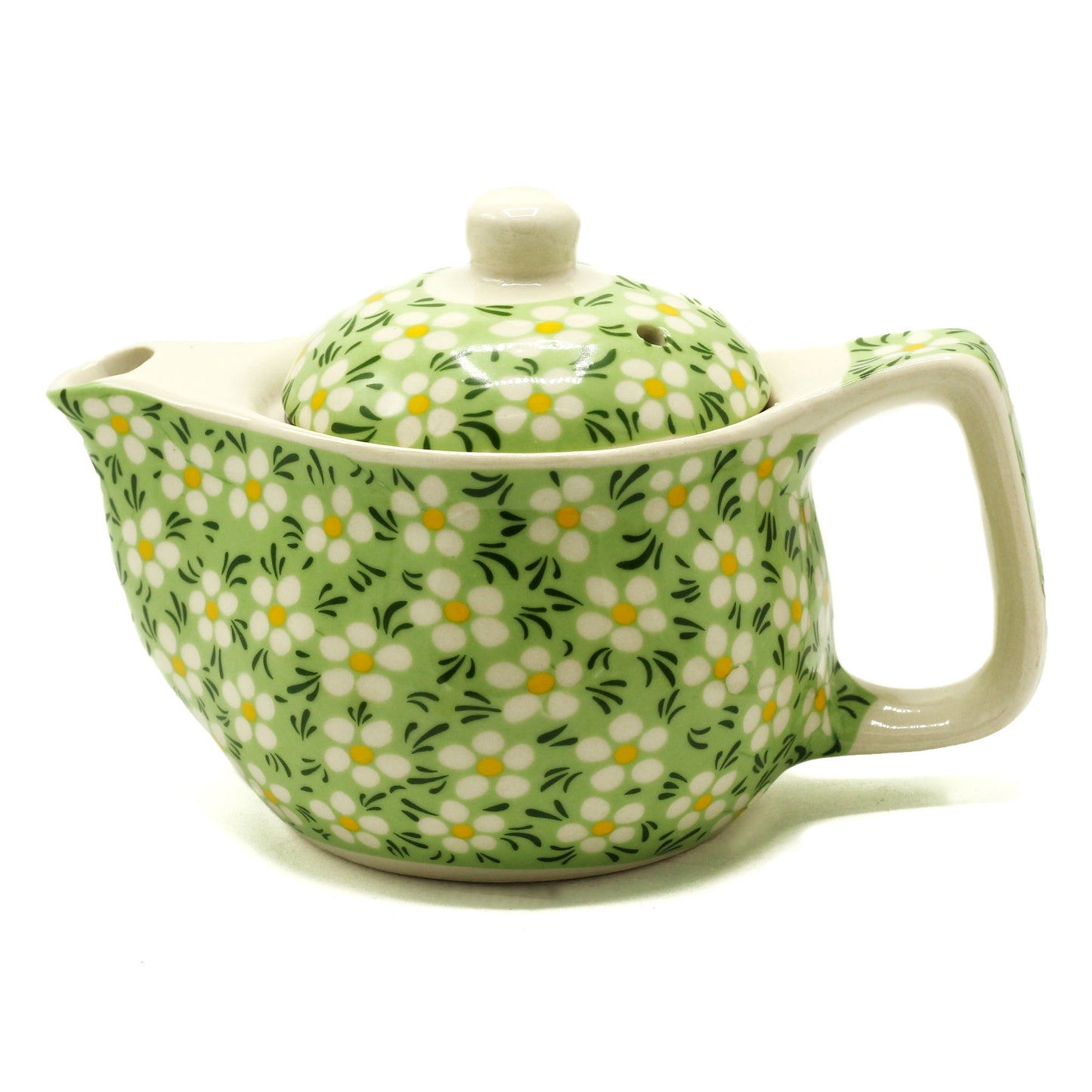 Small herbal teapot for loose leaf and teabags green daisy floral design