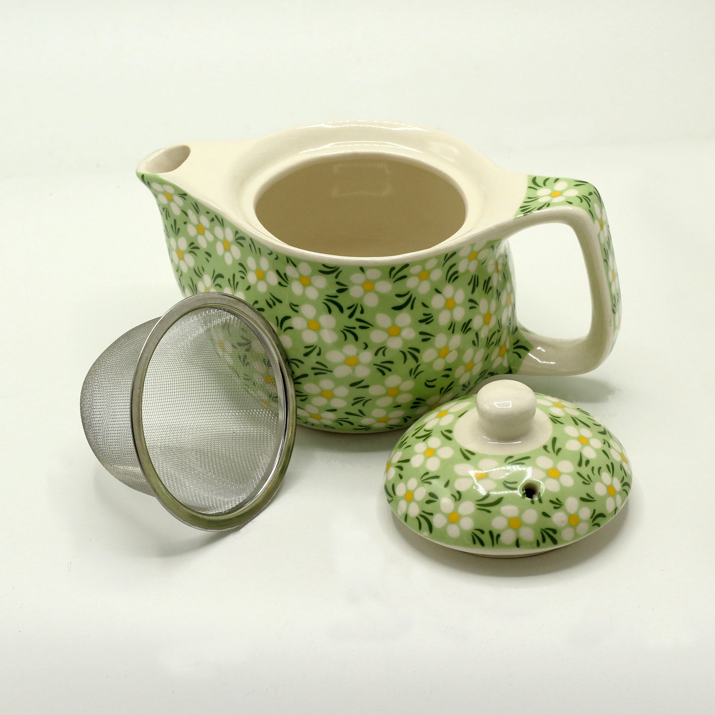 Small herbal teapot for loose leaf and teabags green daisy floral design