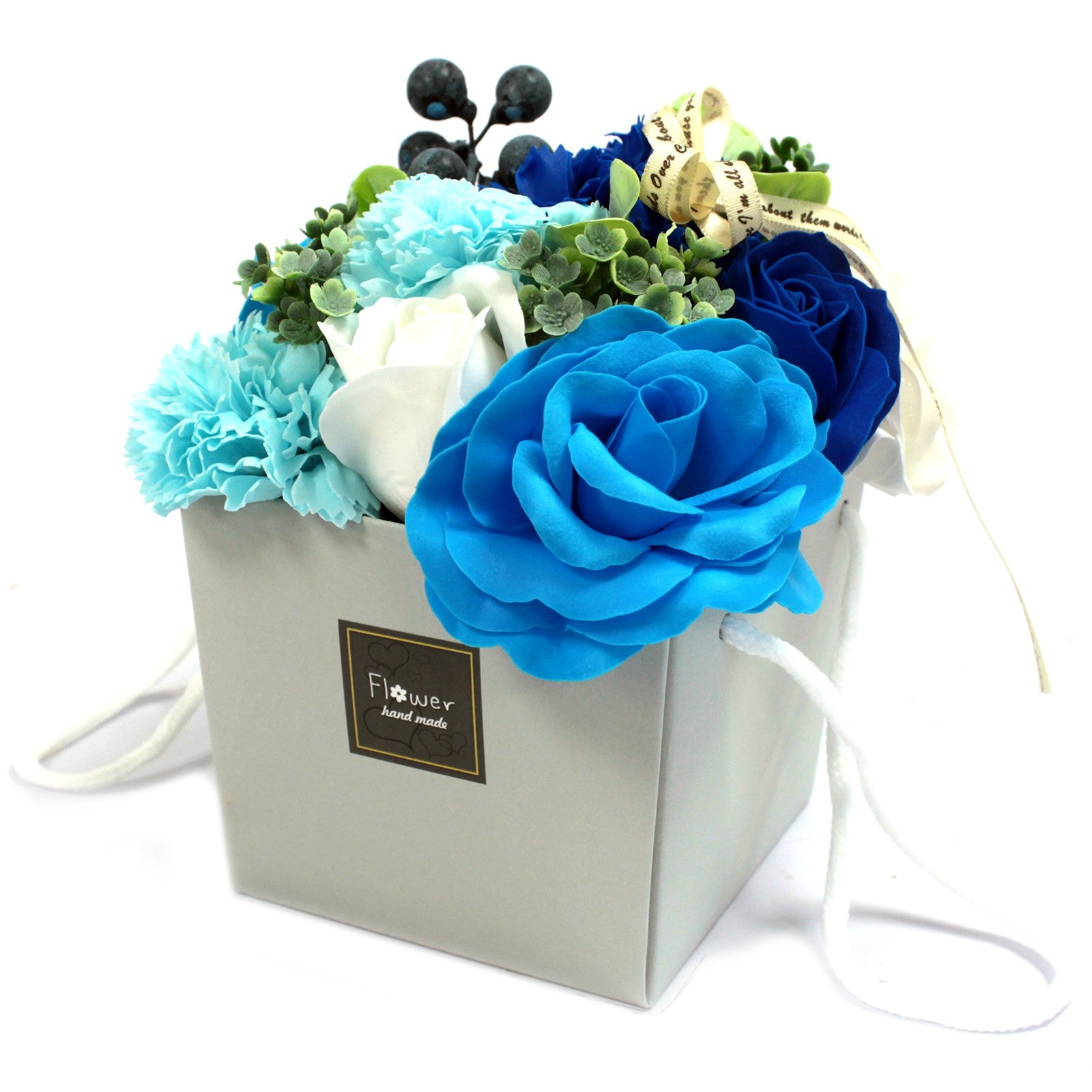 Soap Flower bouquet of roses and carnations in gift bag wedding blue