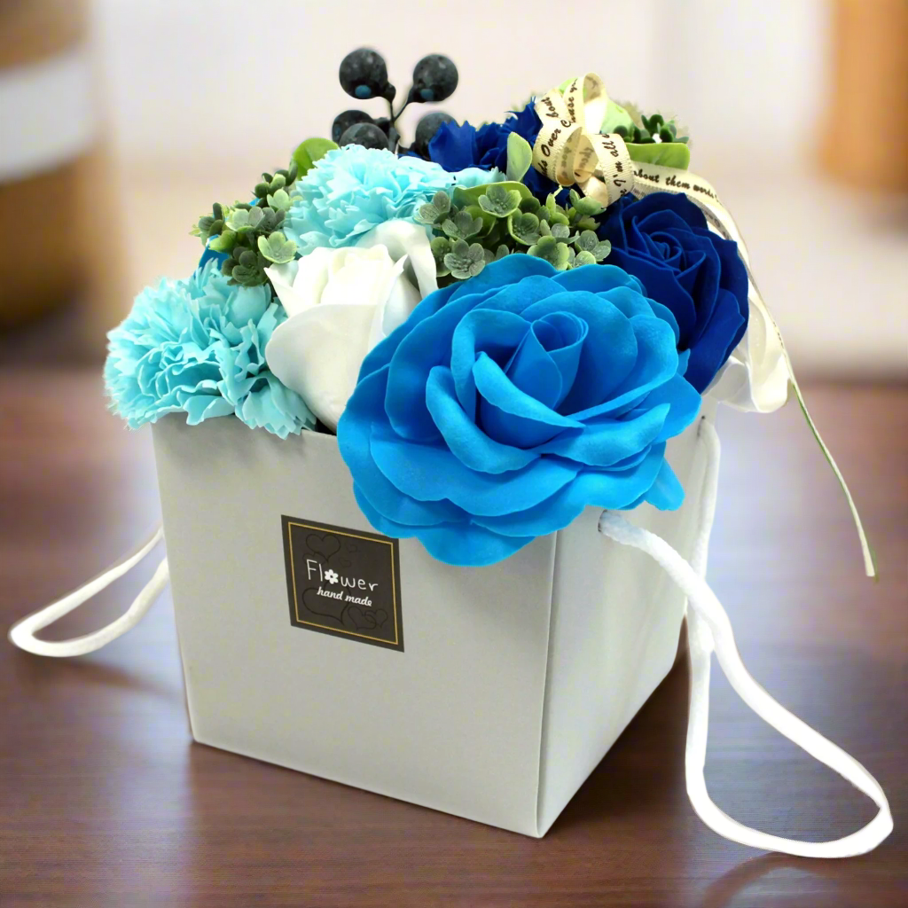 Soap Flower bouquet of roses and carnations in gift bag wedding blue