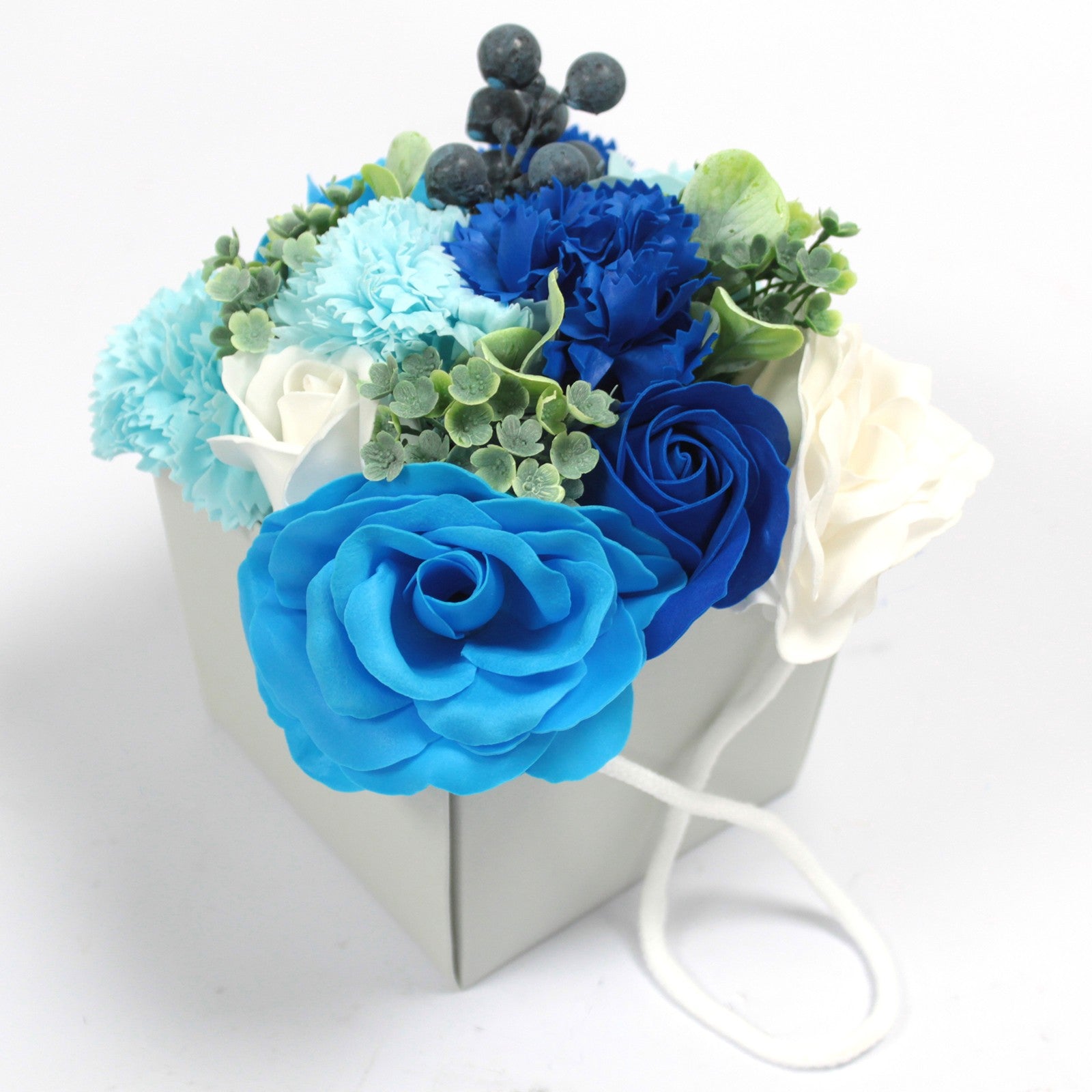 Soap Flower bouquet of roses and carnations in gift bag wedding blue