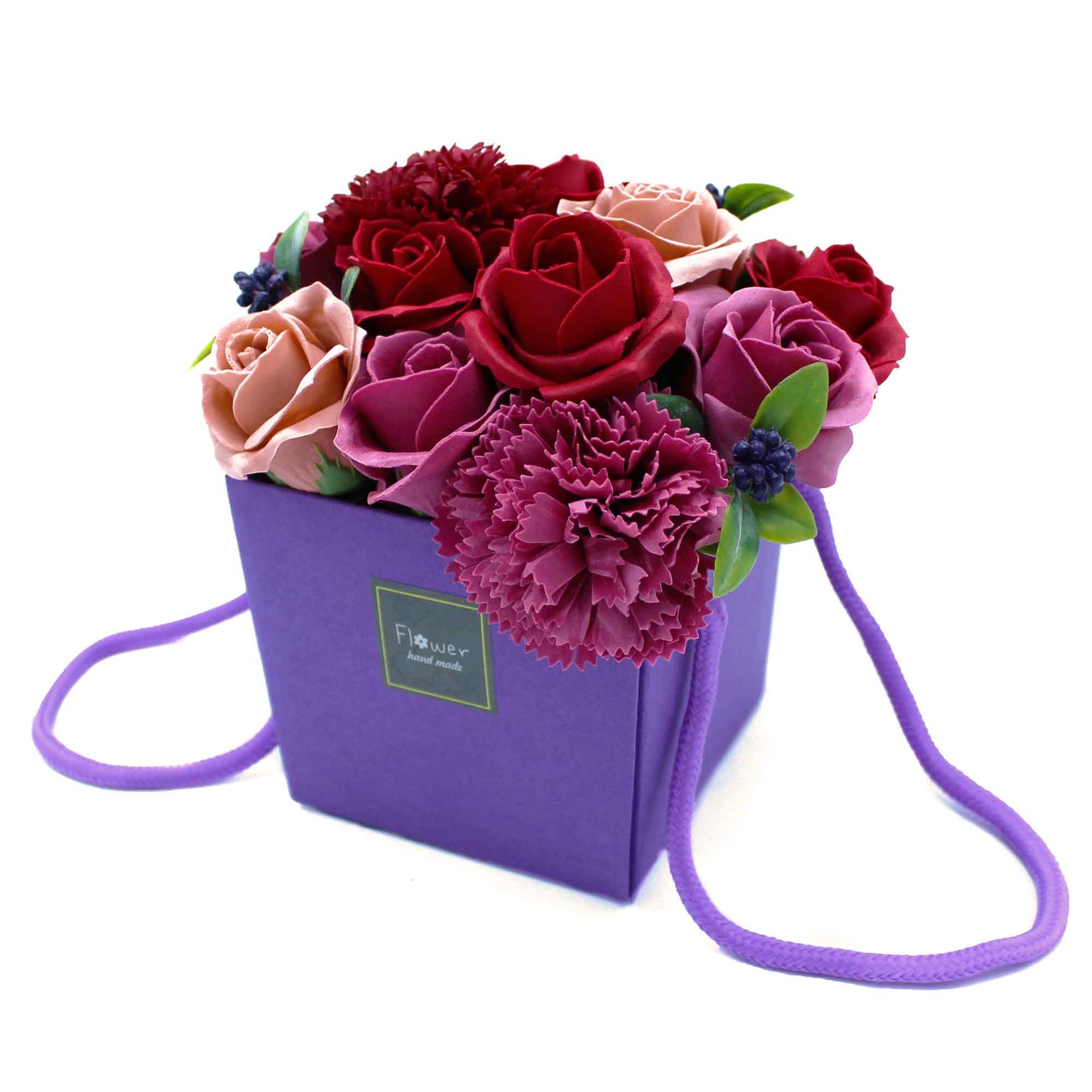 Soap Flower bouquet of roses and carnations in gift bag purple and red