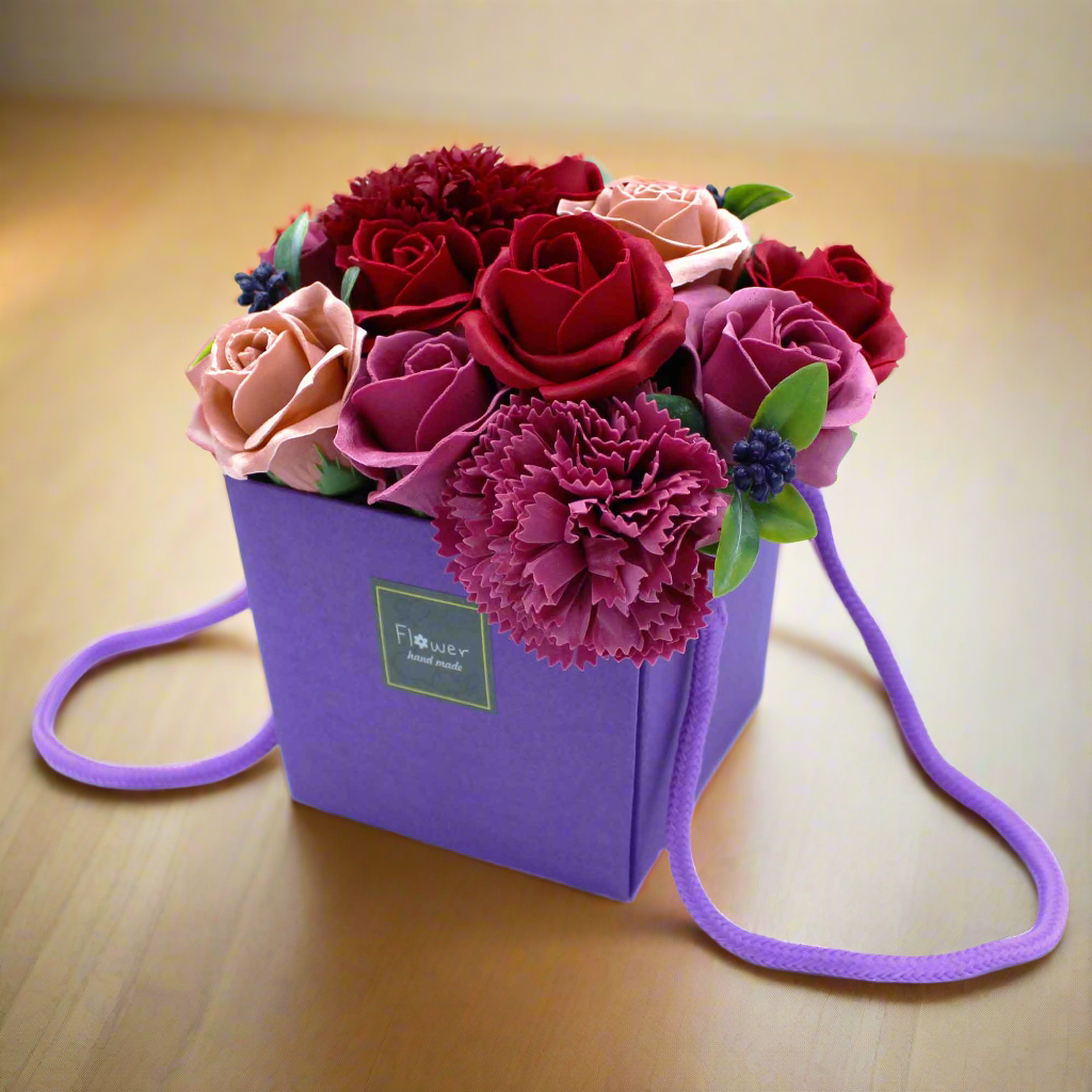 Soap Flower bouquet of roses and carnations in gift bag purple and red