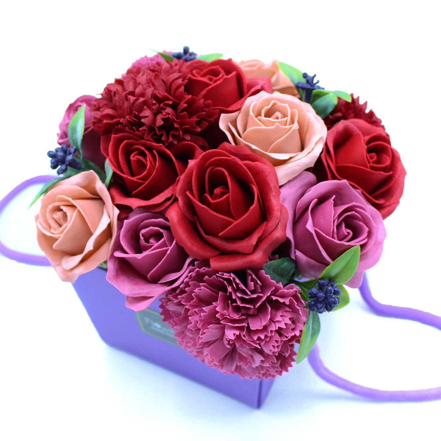 Soap Flower bouquet of roses and carnations in gift bag purple and red