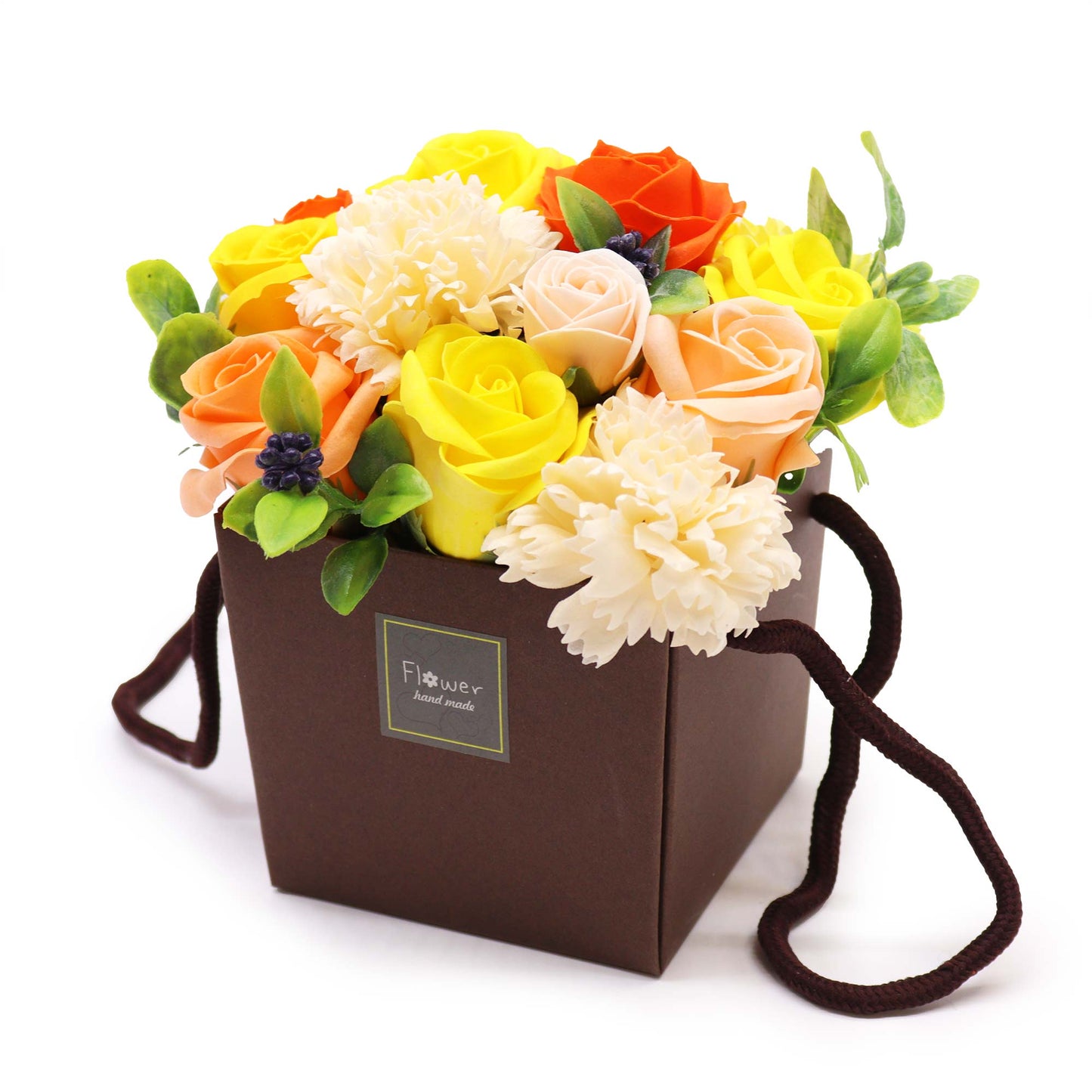 Soap Flower bouquet of roses and carnations in gift bag spring yellow and green orange