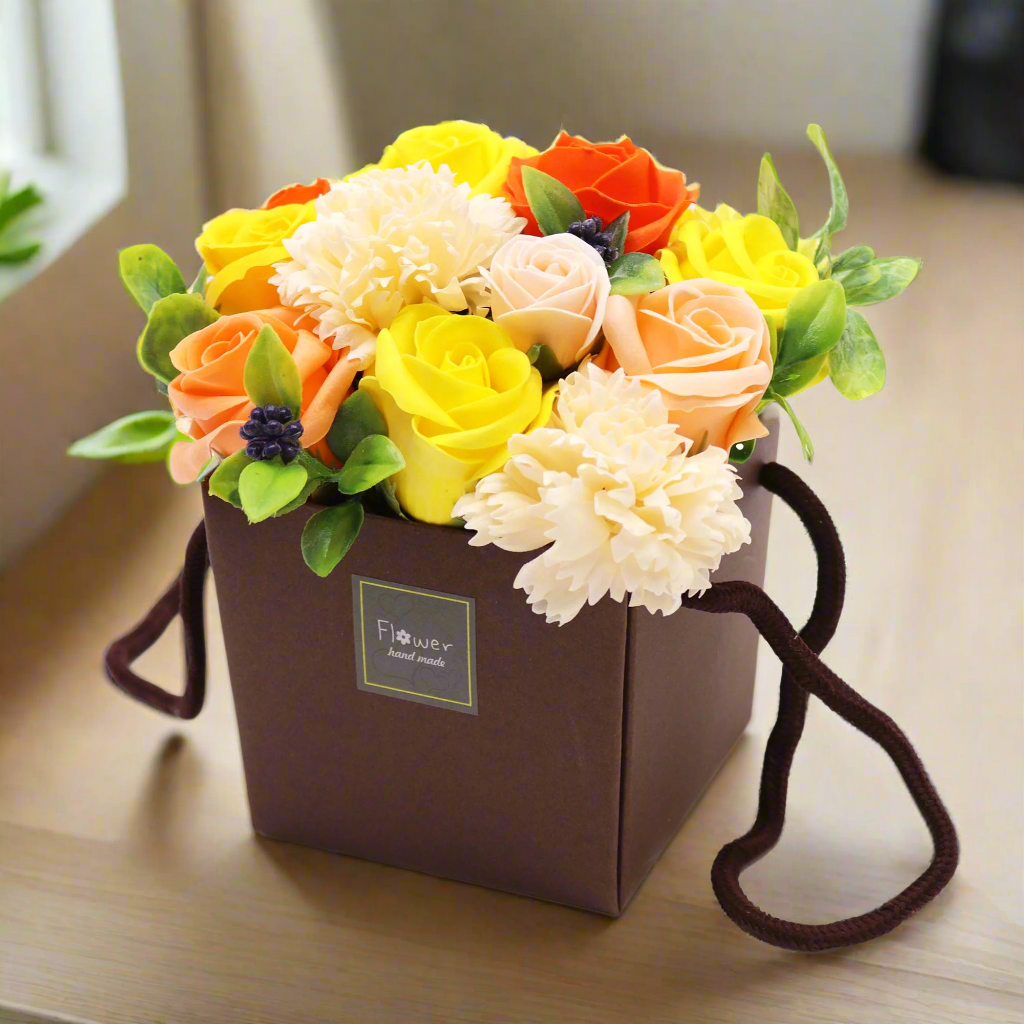 Soap Flower bouquet of roses and carnations in gift bag spring yellow and green orange