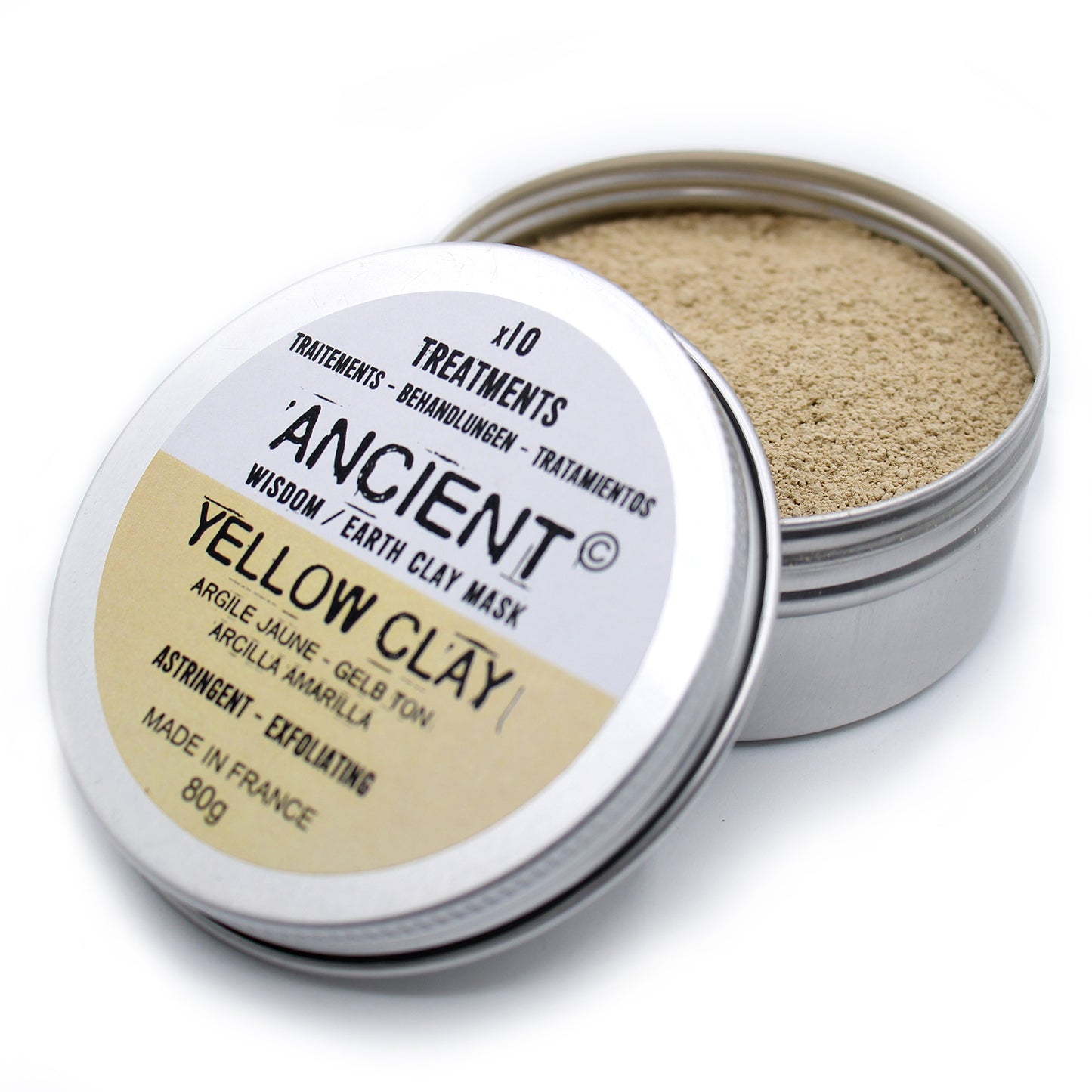 Yellow clay face mask powder in tin