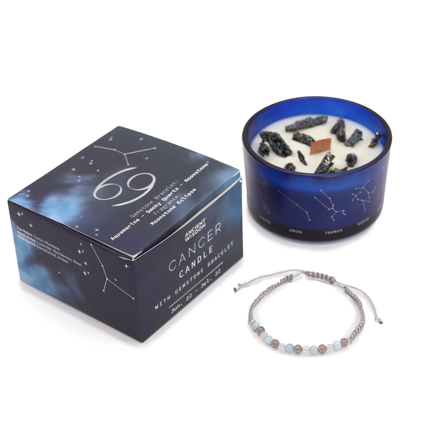 Zodiac Crystal Candle with Gemstone Bracelet Cancer