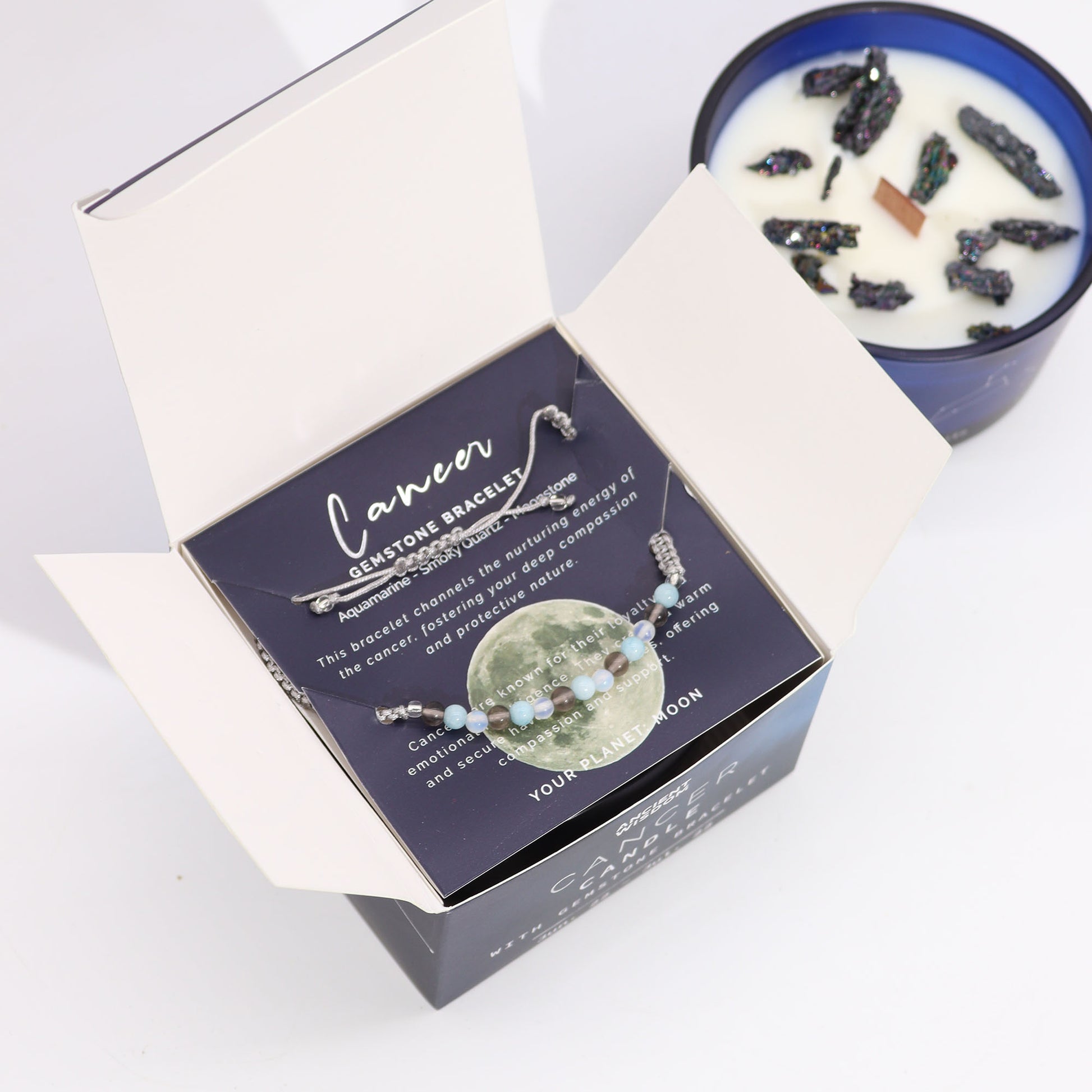 Zodiac Crystal Candle with Gemstone Bracelet Cancer