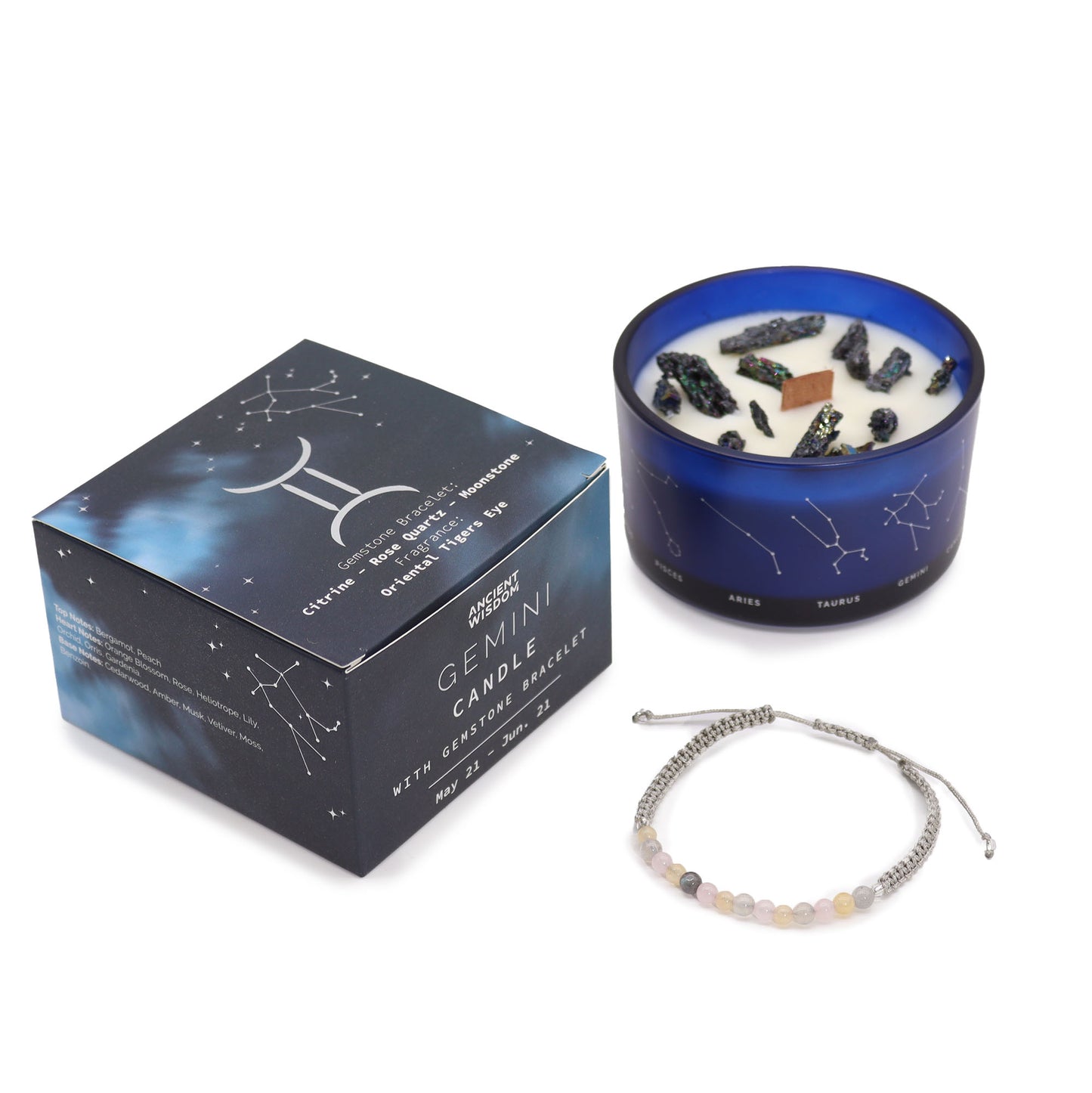 Zodiac Crystal Candle with Gemstone Bracelet Gemini