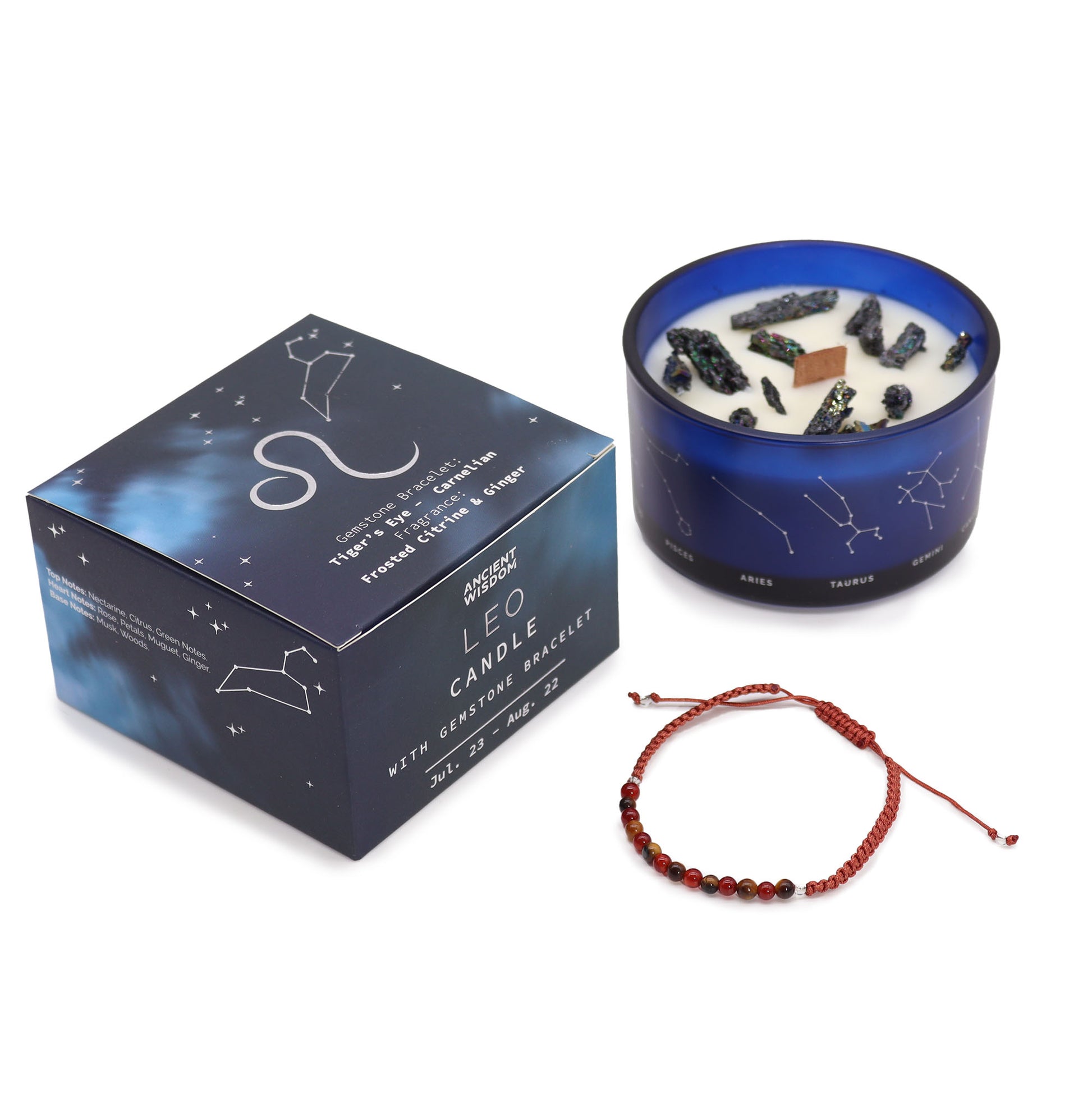 Zodiac Crystal Candle with Gemstone Bracelet Leo