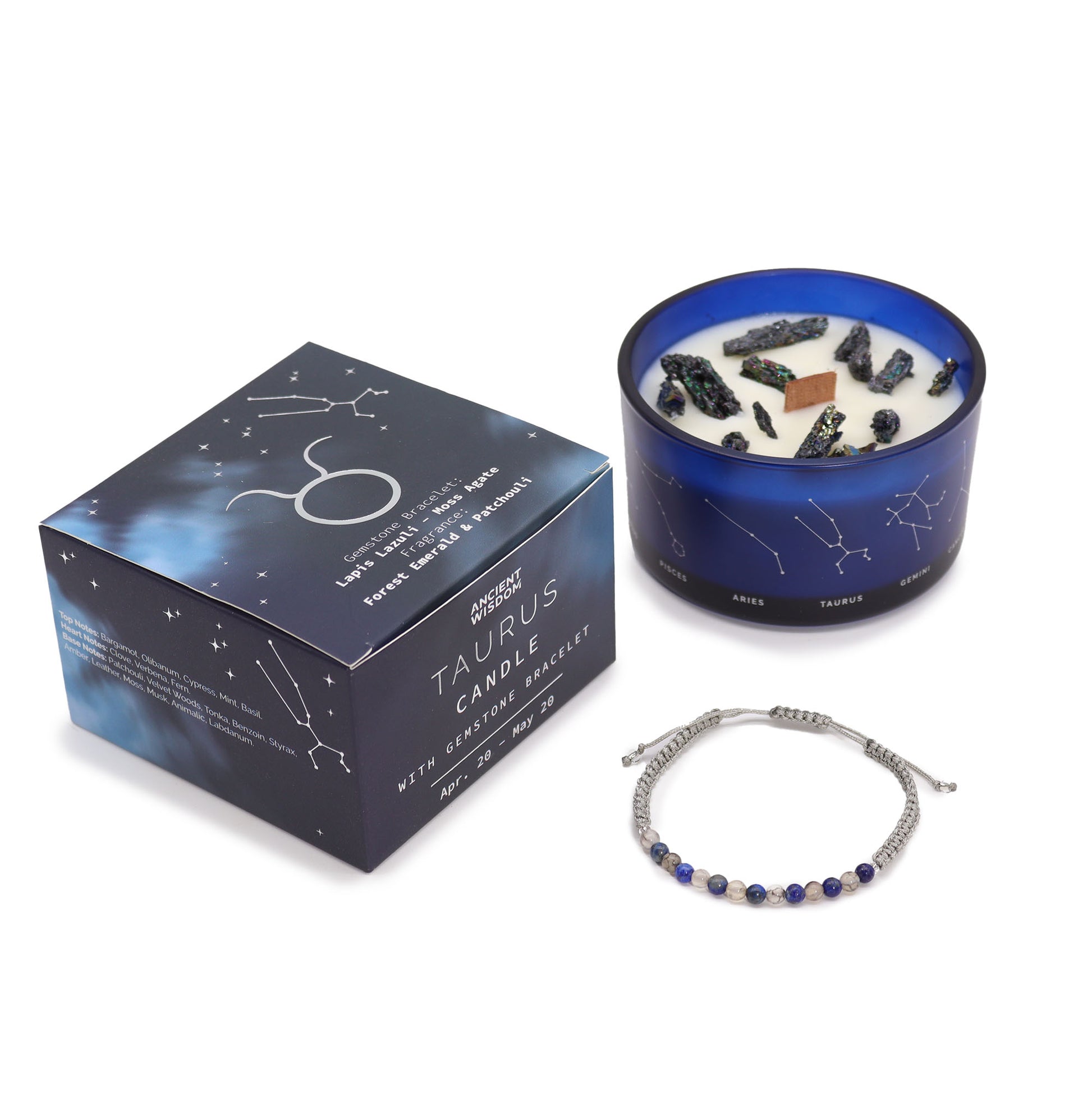 Zodiac Crystal Candle with Gemstone Bracelet Taurus