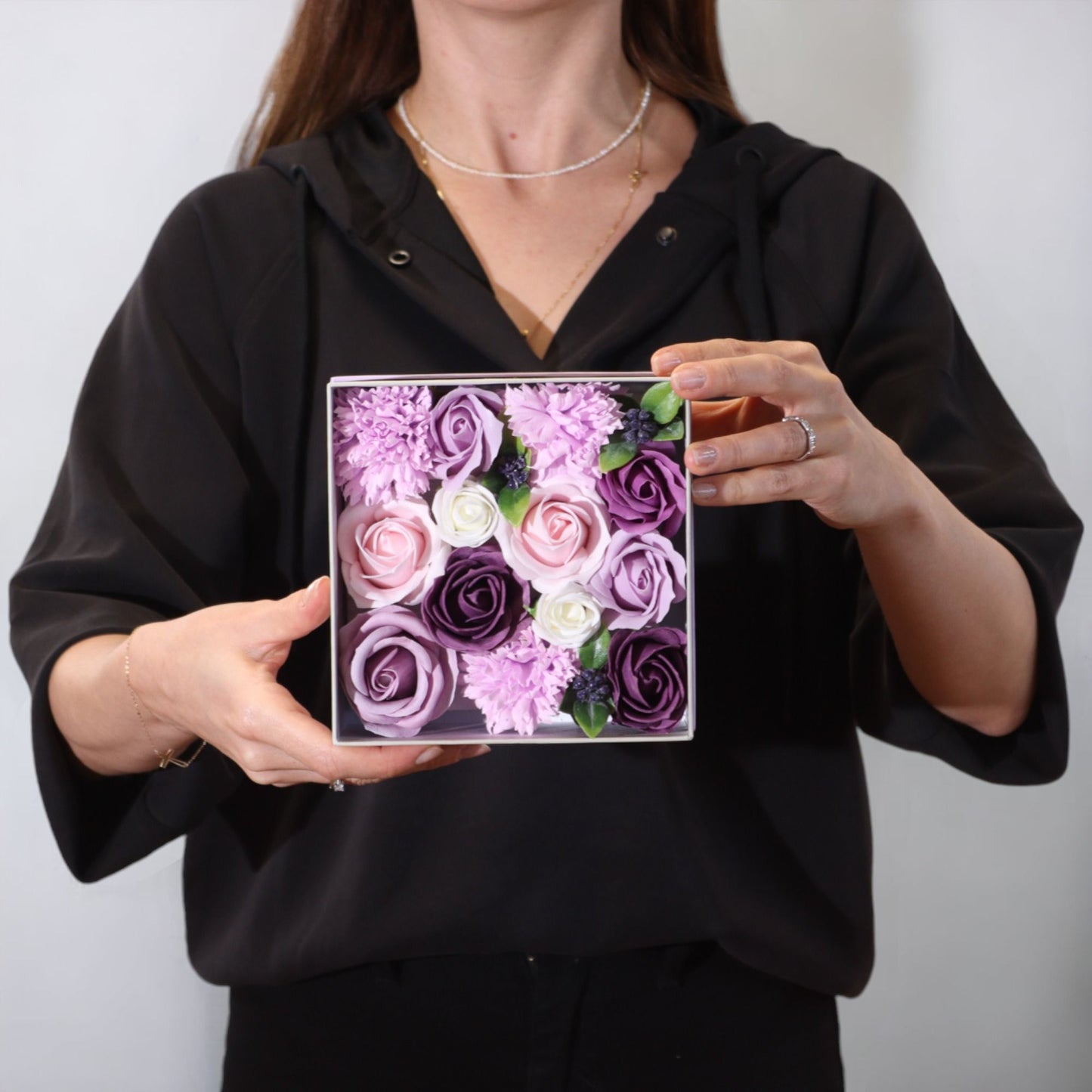 Lavender Rose & Carnation Soap Flowers Square Gift Box