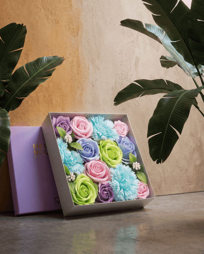 Baby Blue Roses & Carnation Soap Flowers Square Gift Box - Coal Harbour