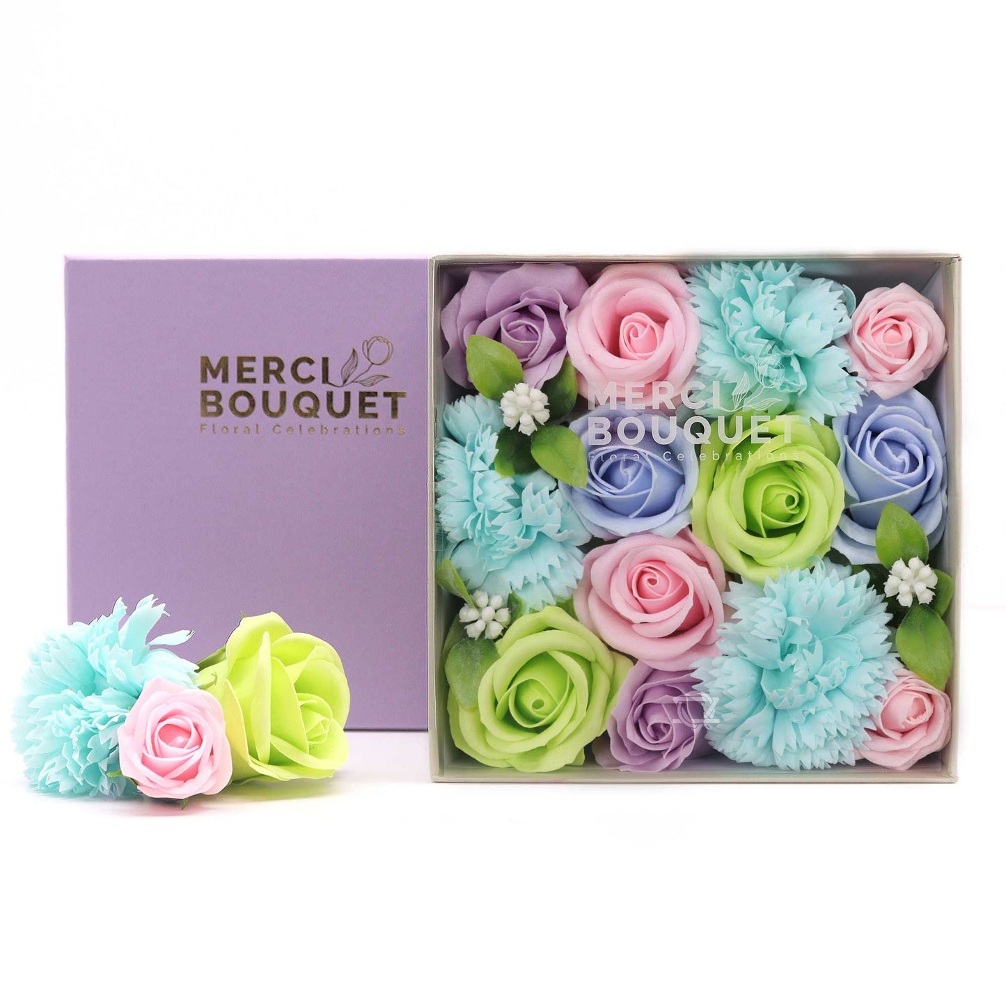 Baby Blue Roses & Carnation Soap Flowers Square Gift Box - Coal Harbour