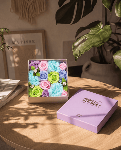 Baby Blue Roses & Carnation Soap Flowers Square Gift Box - Coal Harbour