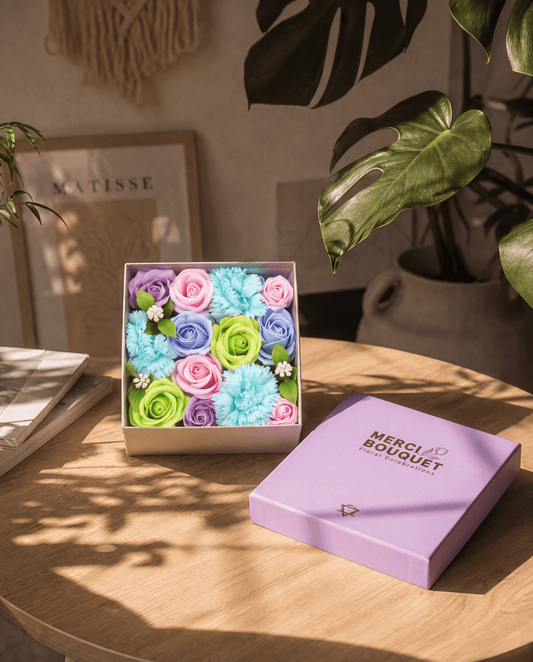 Baby Blue Roses & Carnation Soap Flowers Square Gift Box - Coal Harbour