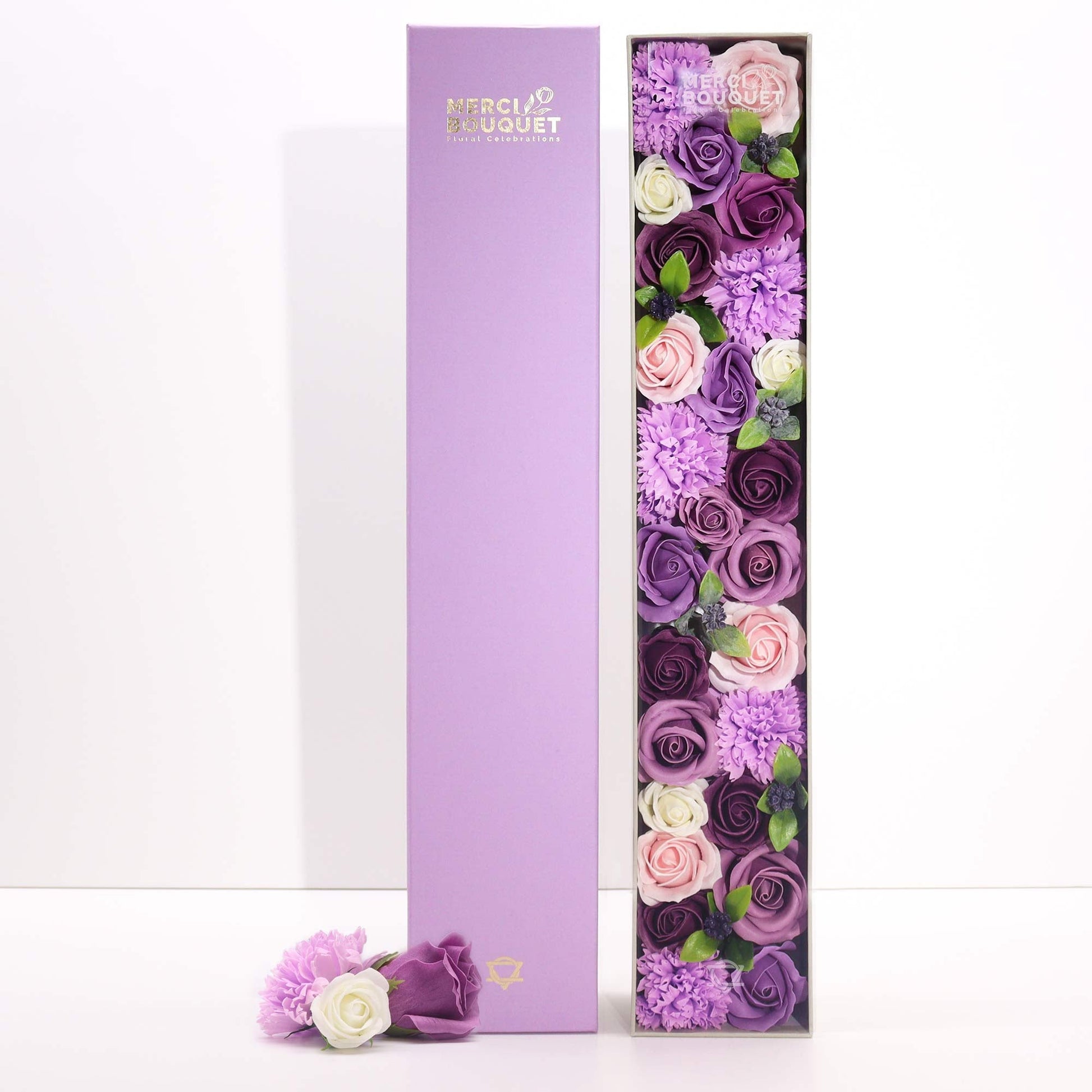 Extra Long Lavender Roses & Carnation Soap Flowers Gift Box - Coal Harbour