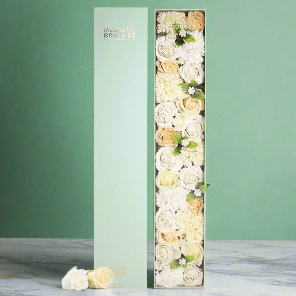 Extra Long White and Ivory Roses & Carnation Soap Flowers Gift Box - Coal Harbour
