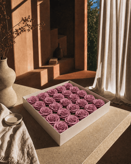 Gift Boxed Soap Flowers - 25 Operatic Mauve Roses - Coal Harbour