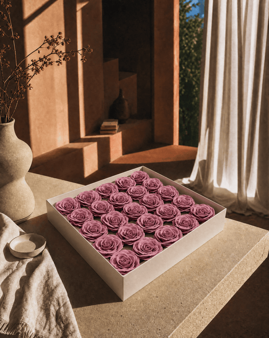 Gift Boxed Soap Flowers - 25 Operatic Mauve Roses - Coal Harbour