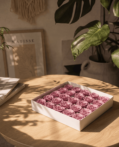 Gift Boxed Soap Flowers - 25 Operatic Mauve Roses - Coal Harbour