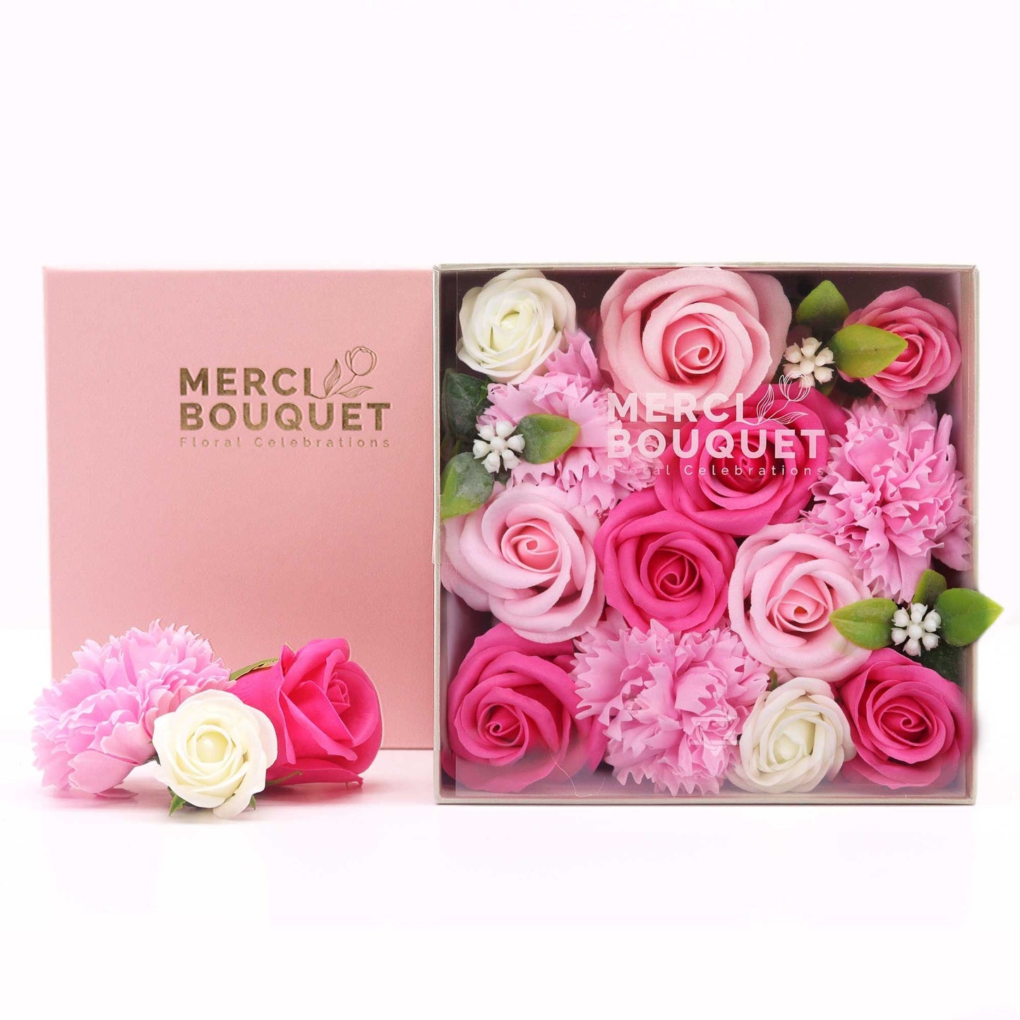 Pink Roses & Carnation Soap Flowers Square Gift Box - Coal Harbour