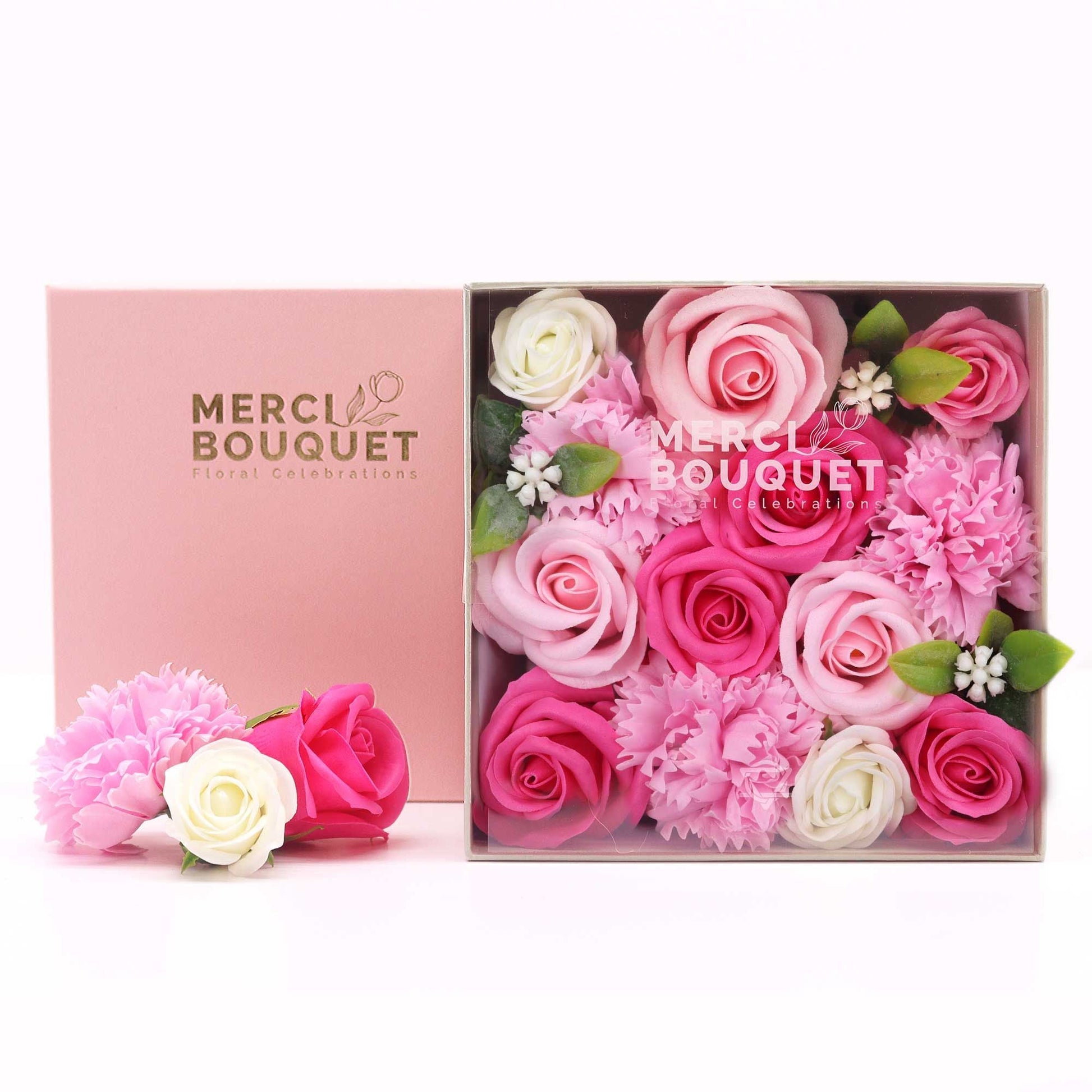 Pink Roses & Carnation Soap Flowers Square Gift Box - Coal Harbour