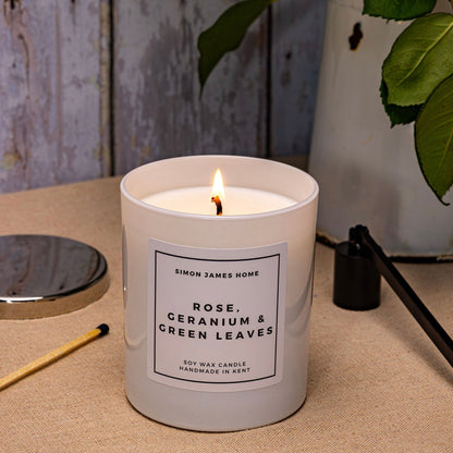 Rose, Geranium & Green Leaves Handmade Soy Wax Candle - Coal Harbour