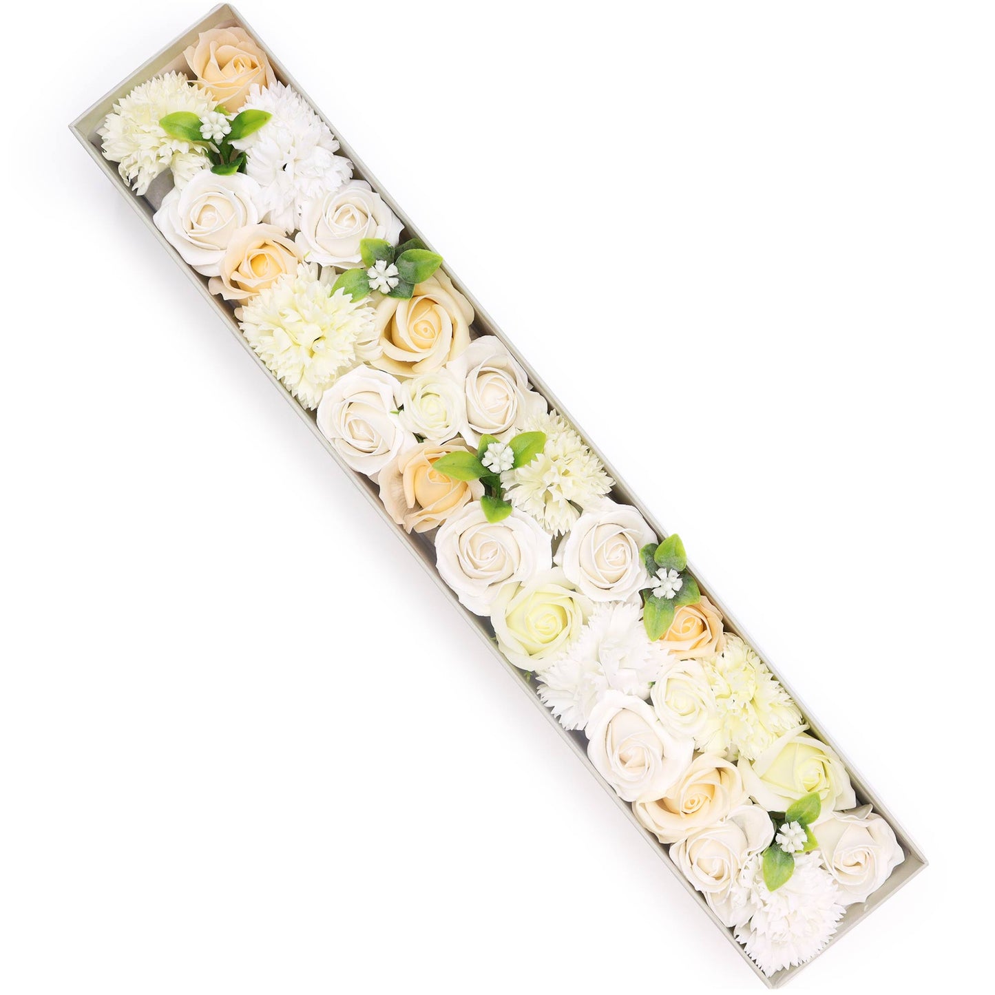 Extra Long White and Ivory Roses & Carnation Soap Flowers Gift Box