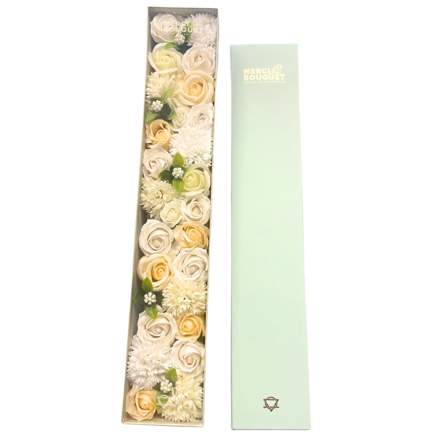 Extra Long White and Ivory Roses & Carnation Soap Flowers Gift Box