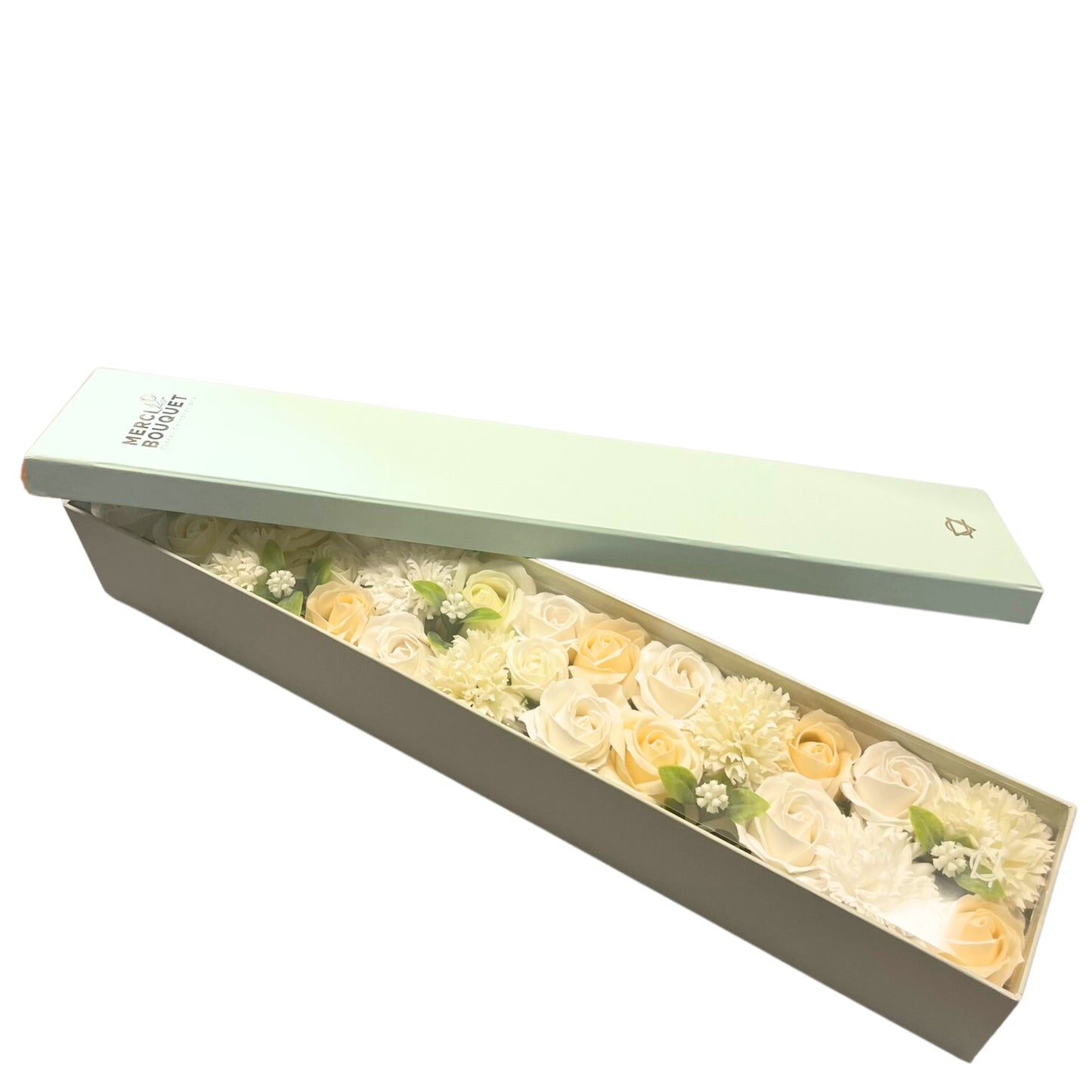 Extra Long White and Ivory Roses & Carnation Soap Flowers Gift Box