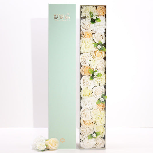 Extra Long White and Ivory Roses & Carnation Soap Flowers Gift Box