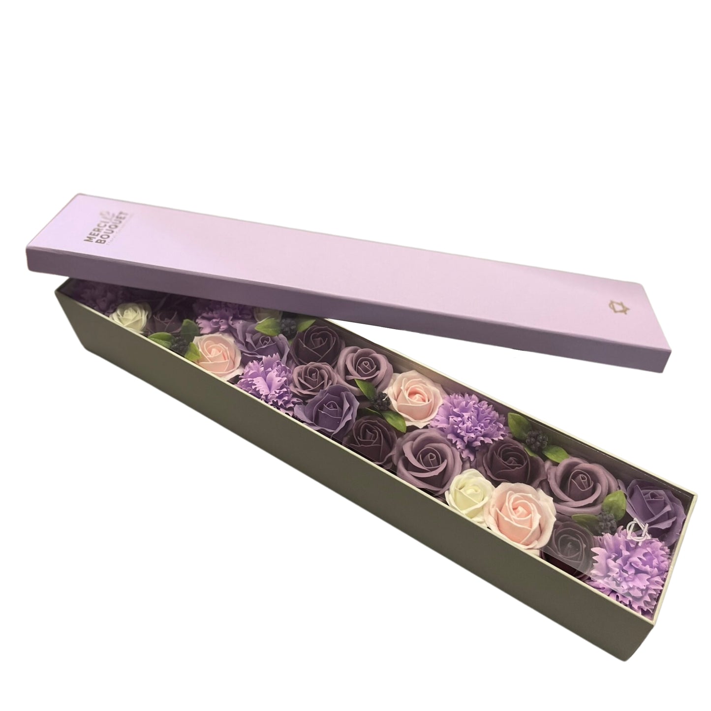 Extra Long Lavender Roses & Carnation Soap Flowers Gift Box